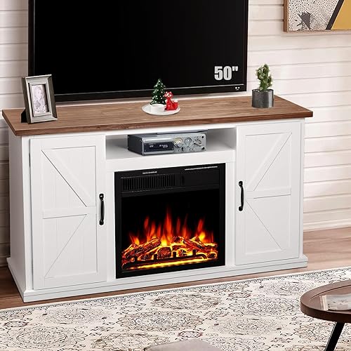 R.W.FLAME Soporte de TV con chimenea para TV de 50 pulgadas, moderno centro de entretenimiento con chimenea eléctrica de 20 pulgadas, consola de TV