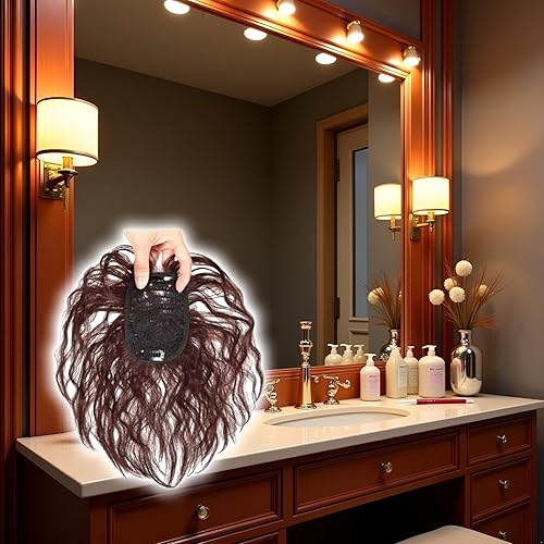 Miniatura 6 de Jowxsx 2 clips, piezas de peluca marrón claro para la parte superior de la cabeza, repuesto de la parte superior del cabello rizado, postizo