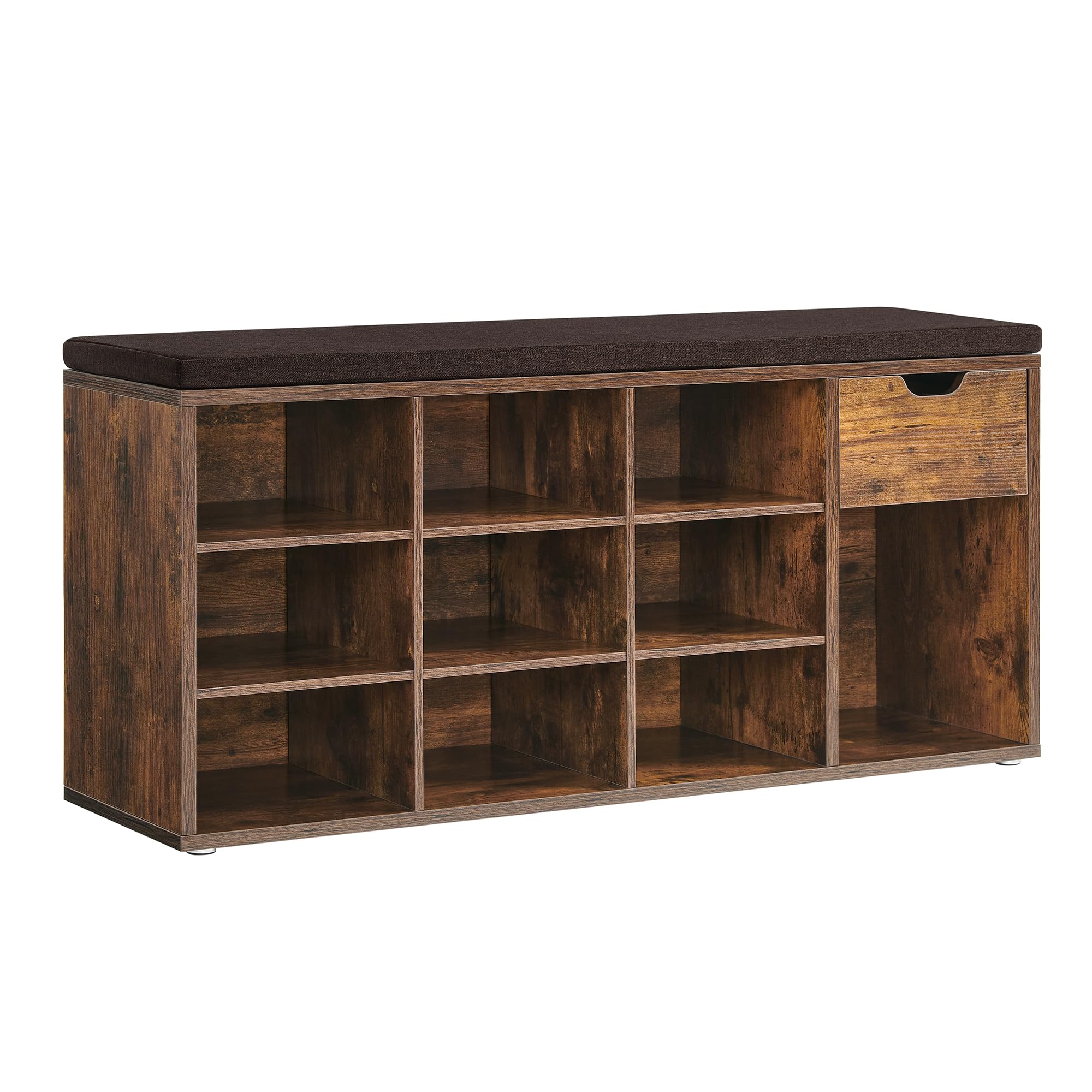 VASAGLE Shoe Storage Bench, Hallway Bench with Cushion, Drawer and Open Compartments, Shoe Bench with Seat, for Living Room, Bedroom, Closet, Rustic Brown and Bronze LHS024T01