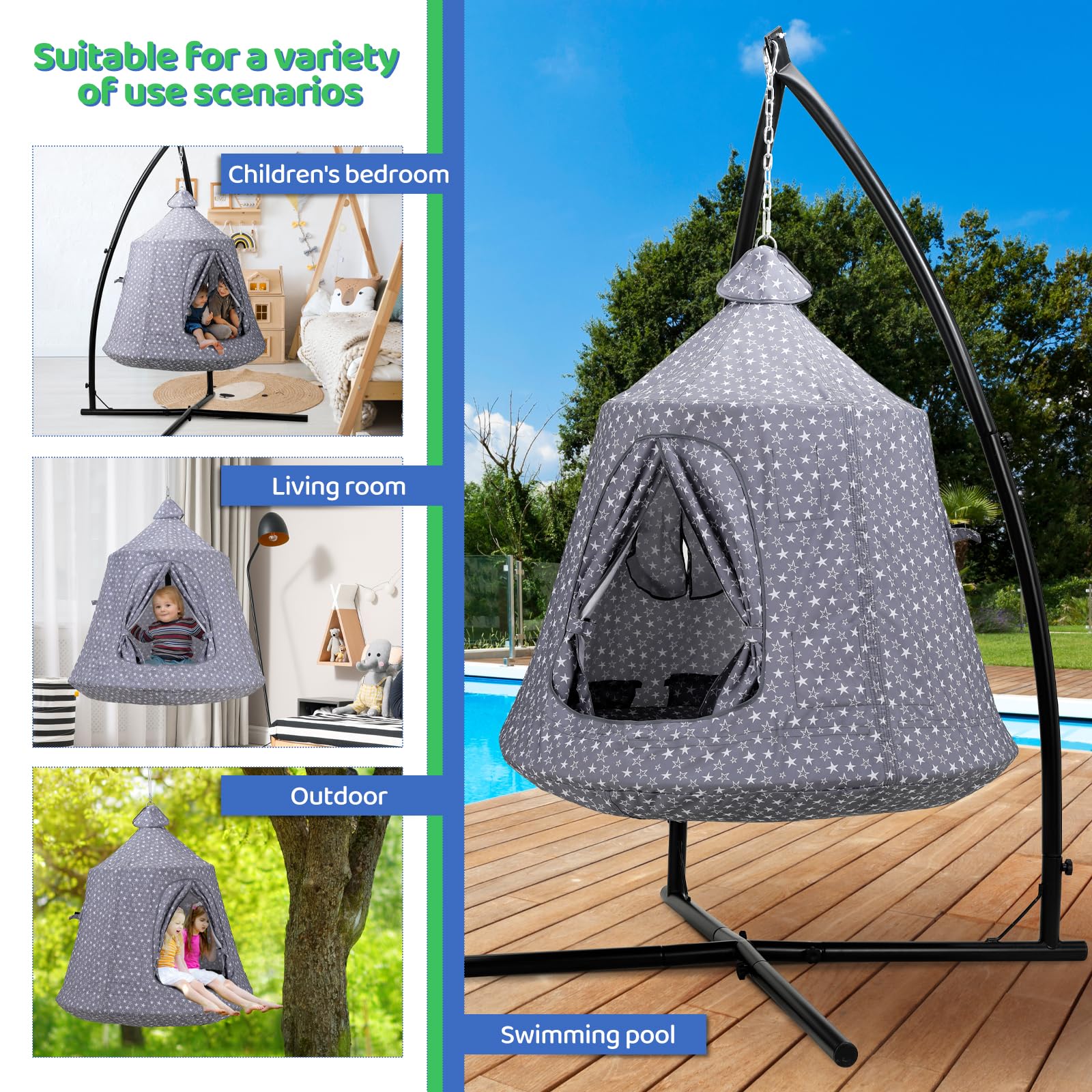 MAMIZO Hängesessel mit Gestell Outdoor&Indoor,150kg Hängehöhle,213×112×112cm Hängematte,Hänge Spielzelt,Schaukel Garten,Camping Hängezelt,int LED-Leuchten,mit aufblasbarem Kissen