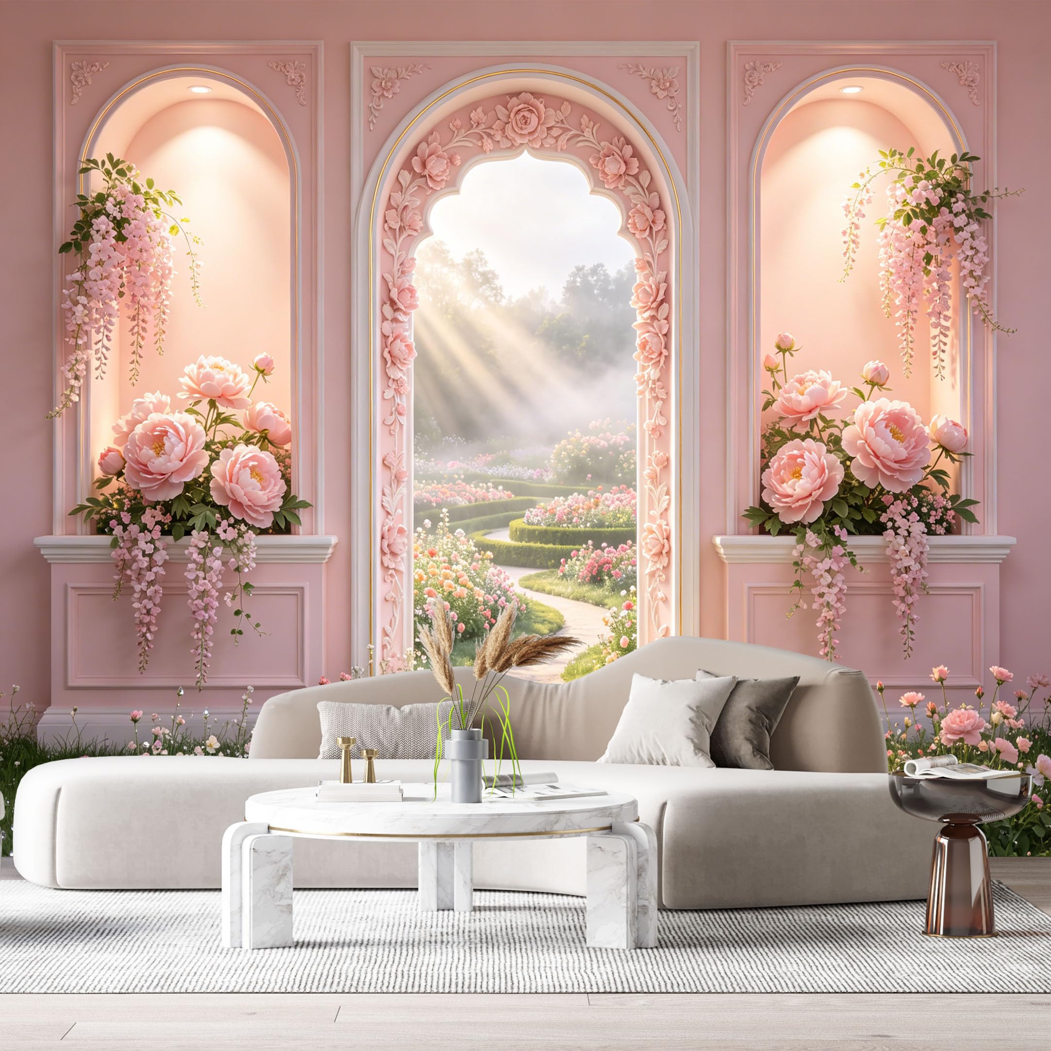 Custom Size Wall Murals Pink Floral Archway Botanical 3D Trompe L'Oeil Pathway SelfAdhesive Wall Fabric Removable Large Wallpaper for Photo Living Room Interior Decor