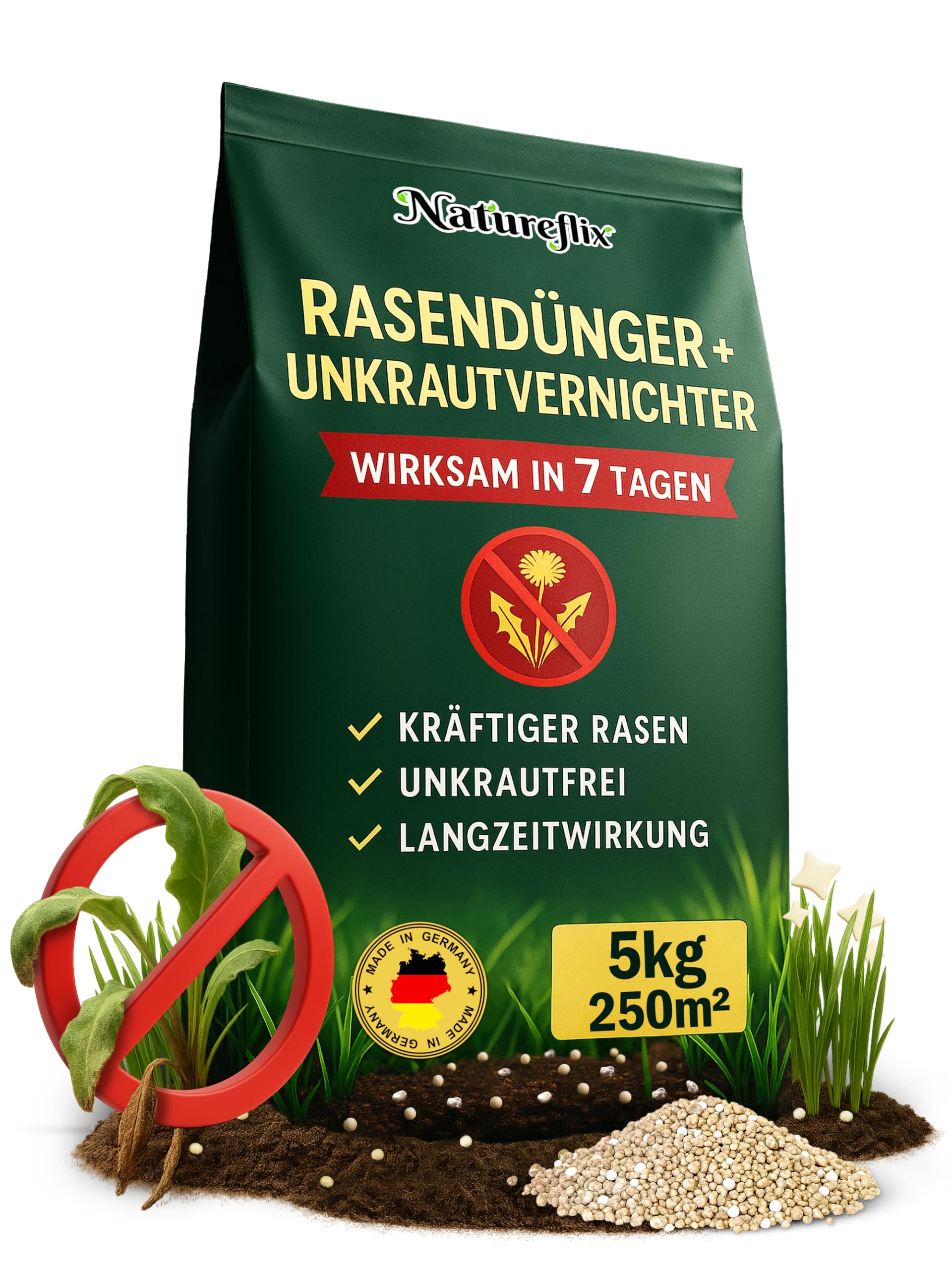 Natureflix Rasendünger mit Unkrautvernichter extra stark | 2-in-1 | Der Rasenunkrautvernichter vernichtet Klee, Löwenzahn & mehr | für dichten, grünen Rasen im Frühjahr & Sommer (5kg für 250m²)