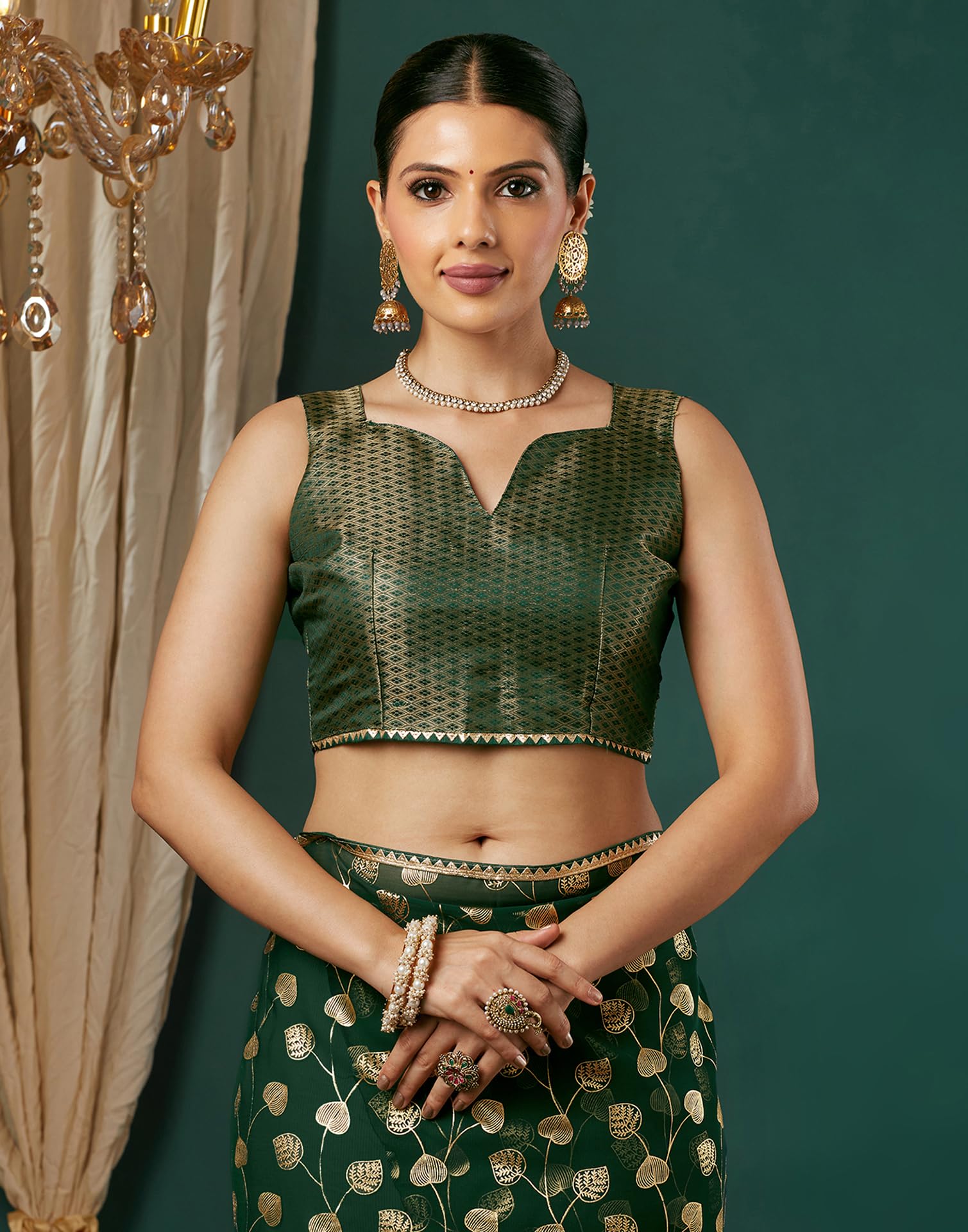 SIRIL Women's Georgette Foil Printed Saree with Unstitched Blouse Piece (4443S340_Dark Green) - Image 6 thumbnail
