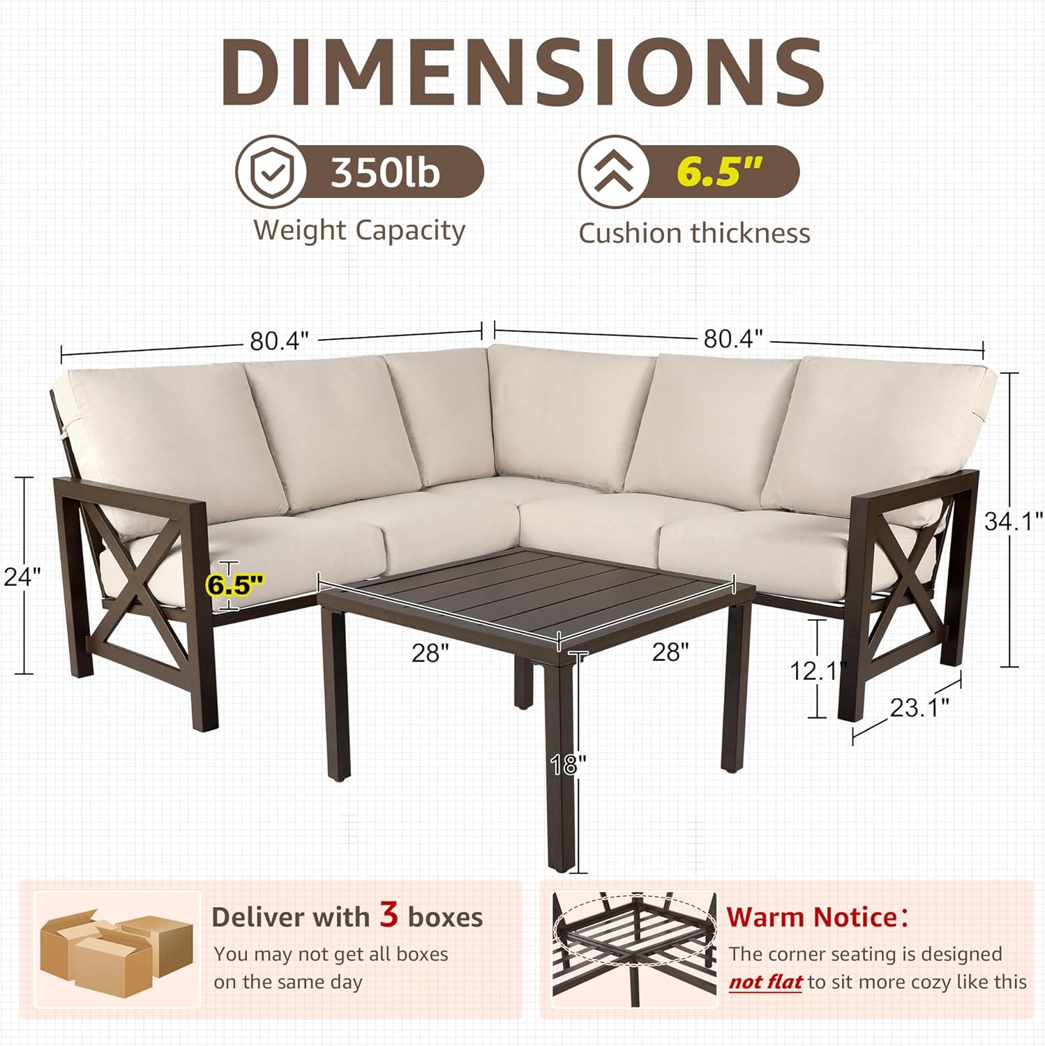NATURAL EXPRESSIONS 6 Pieces Patio Furniture Sets, Metal Outdoor Sectional Furniture L Shape Patio Conversation Sets,Highback Frame,Metal Table,Large Waterproof Cover, 6.5" Olefin Cushions