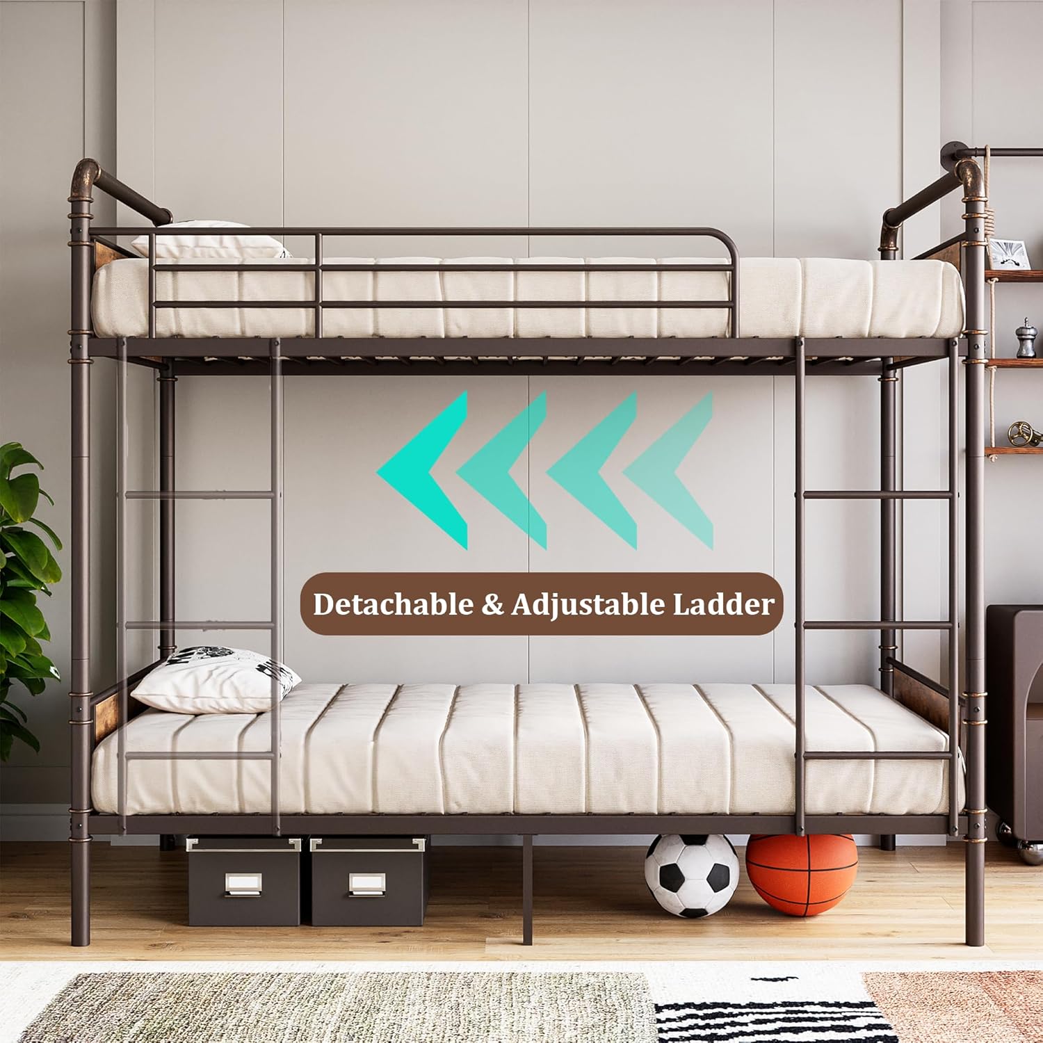 Garvee Industrial Twin Over Twin Bunk Bed, Convertible to 2 Separate Single Beds, Sturdy Metal Bunk Bed, Detachable Ladder & High Safety Guardrails for Safety, Space-Saving Design