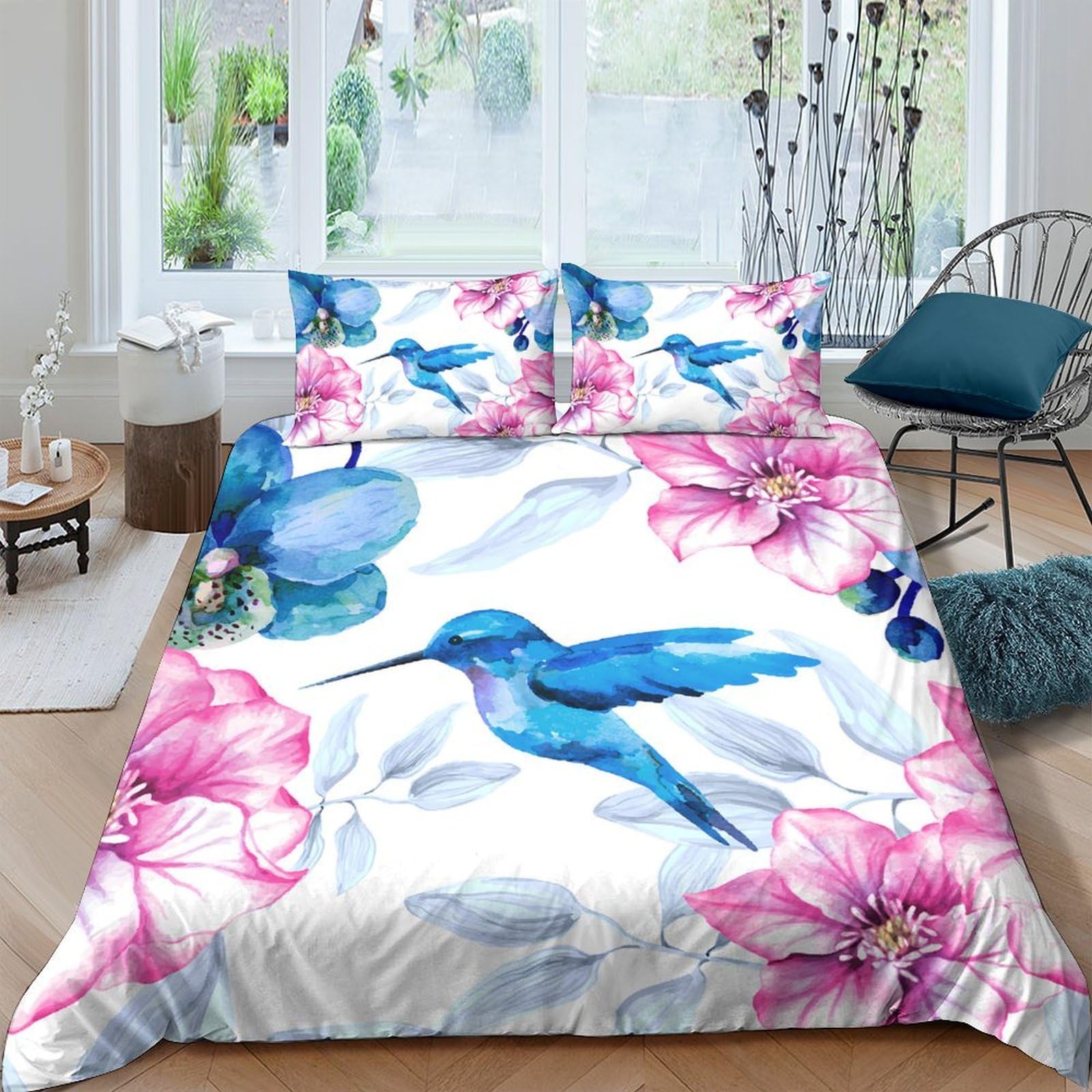 Ctjqhvkz Style-4 3D Printed Hummingbird Floral Fitted Sheet Microfiber Soft Pink Blue Flowers Mattress Cover For Bedroom Decor Single（135X200cm）