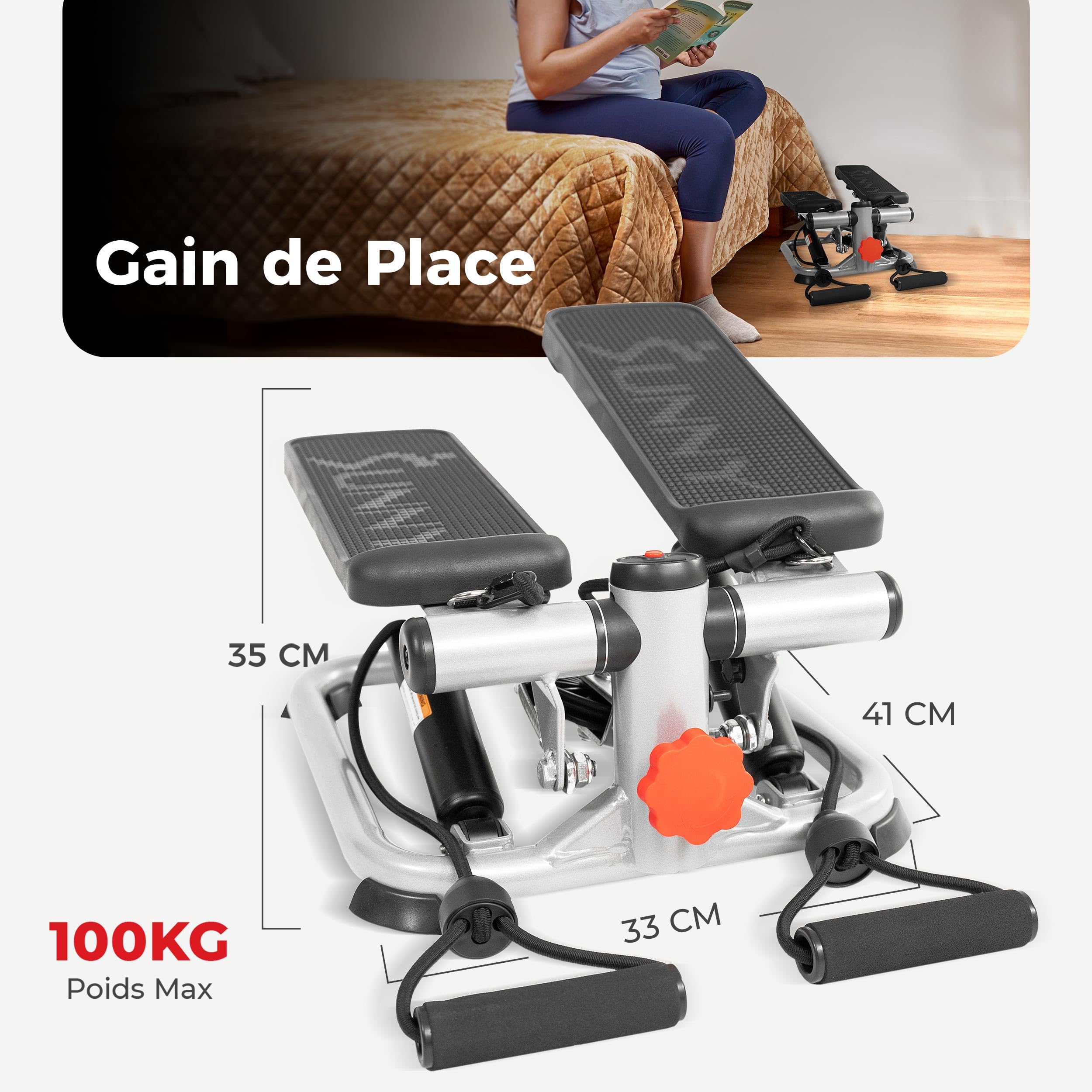 Sunny Health & Fitness Mini Stepper Machine de Step avec Mouvement de Rotation et Bandes de Résistance