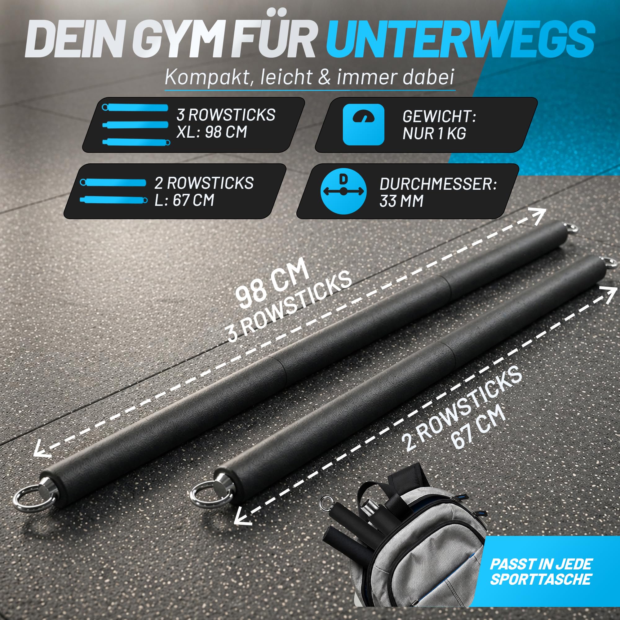 aerobis Rowstick – Verstellbarer Fitnessstab für funktionales Ganzkörpertraining – 2-in-1 Design – Ideal für Widerstandsbänder & Sling Trainer – Core-Stick für Kraft, Ausdauer & Koordination