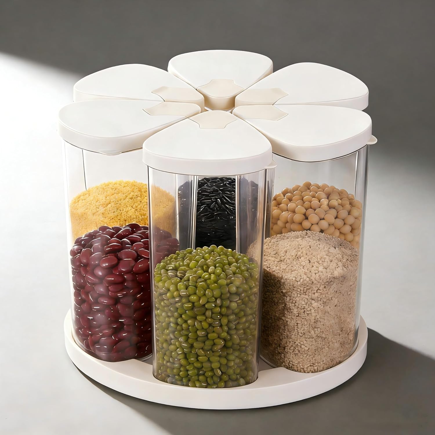 5-10 lbs Rice Dispenser 6 Grids 360° Rotating Cereal Dispenser Countertop BPA-Free PET Grain and Rice Storage Container with Lids Dry Food Dispenser Grain Canister Sets for Oats Flour Corn Flakes