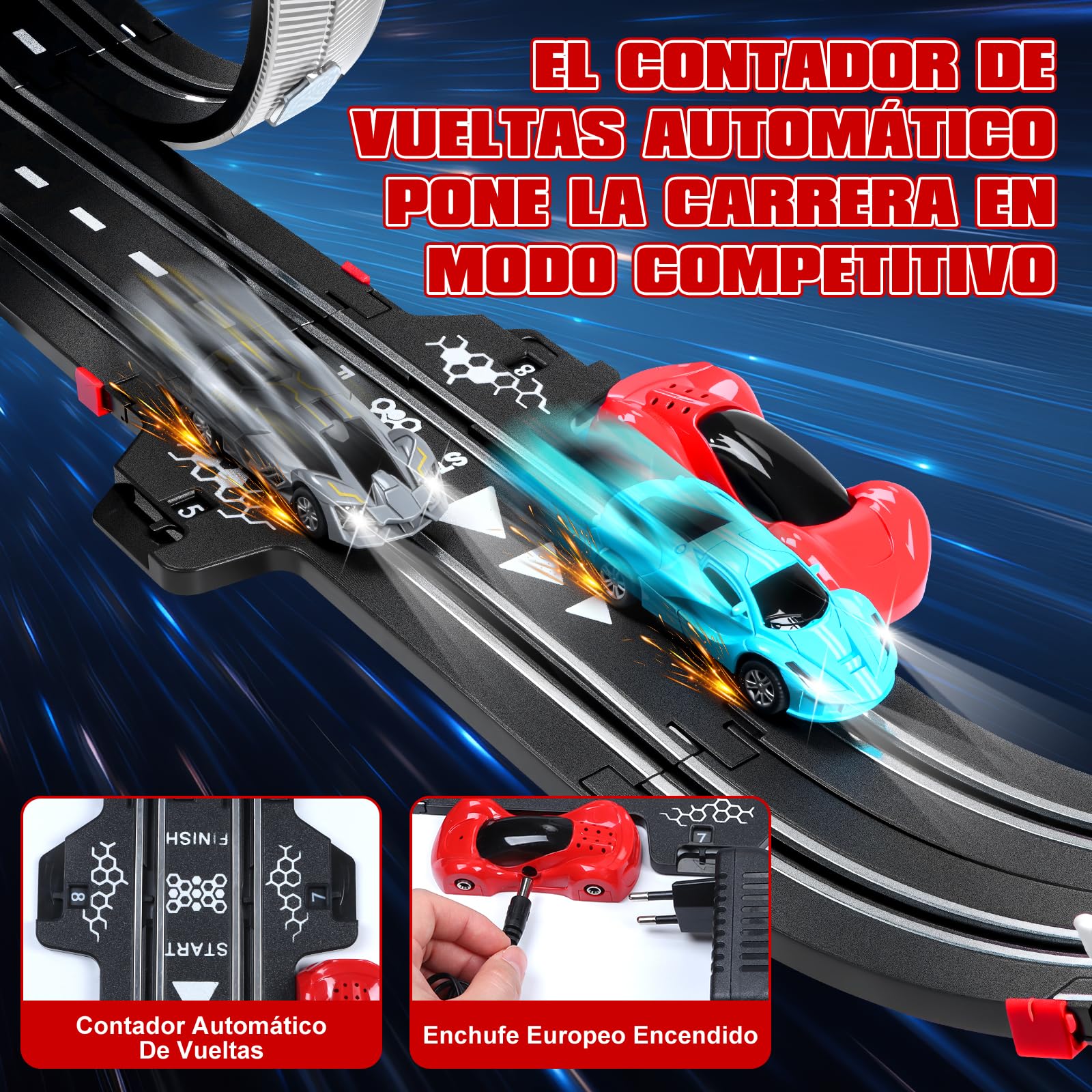 Pista Carreras Electrica, Iluminado Pista de Coches para Niños 1:64 Pista Autos -4 LED Coches, Bucle 360°, Euroconector, Contador Vueltas, Circuito Coche Niños 3+ Años Juguete Regalos (L)