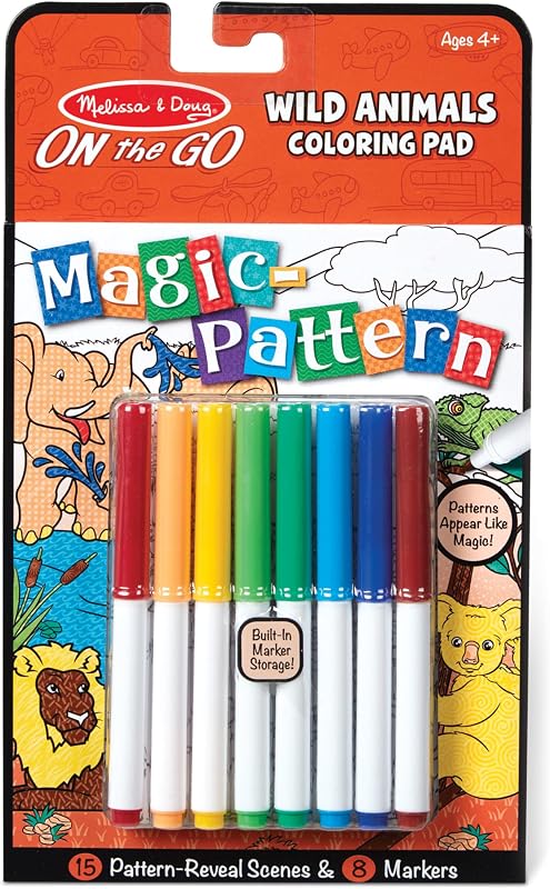 Bloc de colorear con marcadores de animales salvajes para niños con patrón mágico de Melissa & Doug Actividad de viaje sobre la marcha - Materiales certificados FSC