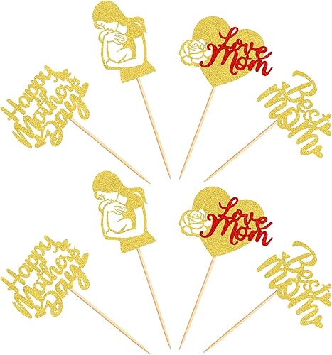 Miniatura 8 de Ercadio Paquete de 48 adornos dorados con purpurina para el día de la madre, decoración de pasteles para el mejor mamá, amor, mamá, magdalenas,