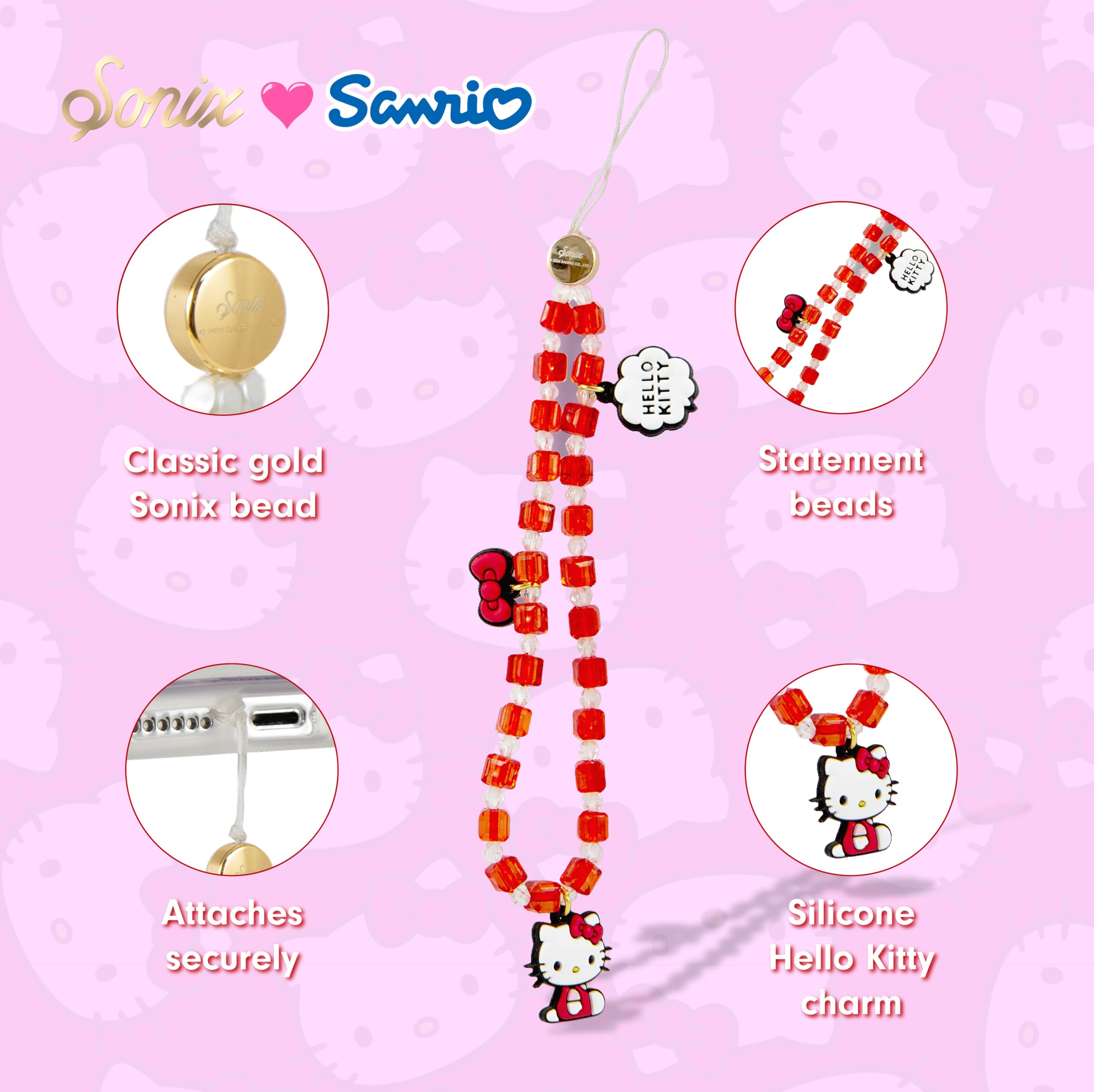 Sonix x Sanrio Phone Charm | Beaded Wristlet, Universal Phone Strap, and Detachable Cell Phone Lanyard with Silicone Charms | Hello Kitty