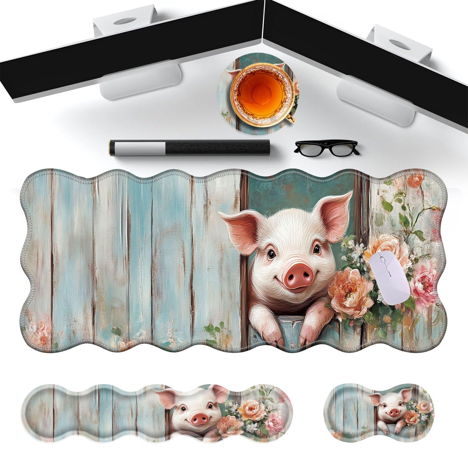 ZQLPLZR Large Gaming Mouse Pad, Keyboard Wrist Rest Pad & Wrist Support Mousepad Set, Stitched Edge, Extended, Non-Slip Base, Memory Foam Desk Mat for Office, Home,Funny Pig