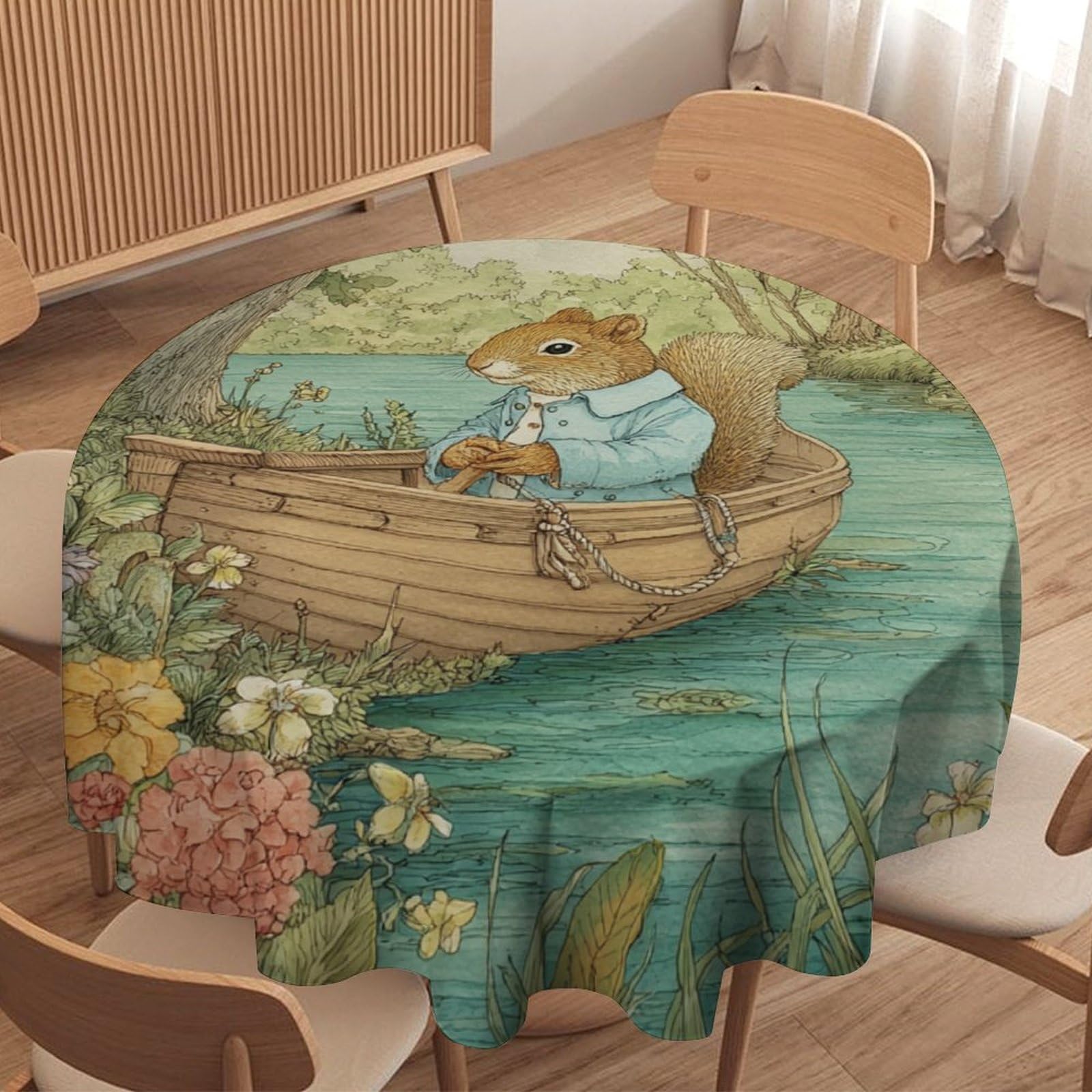 LUYYSKY Cute Realistic Funny Squirrel Round Tablecloth Beautiful Fantasy Forest Animals Squirrels Plants Flowers Washable Decor for Table Cover for Kitchen-177.8" Wx177.8 L cm