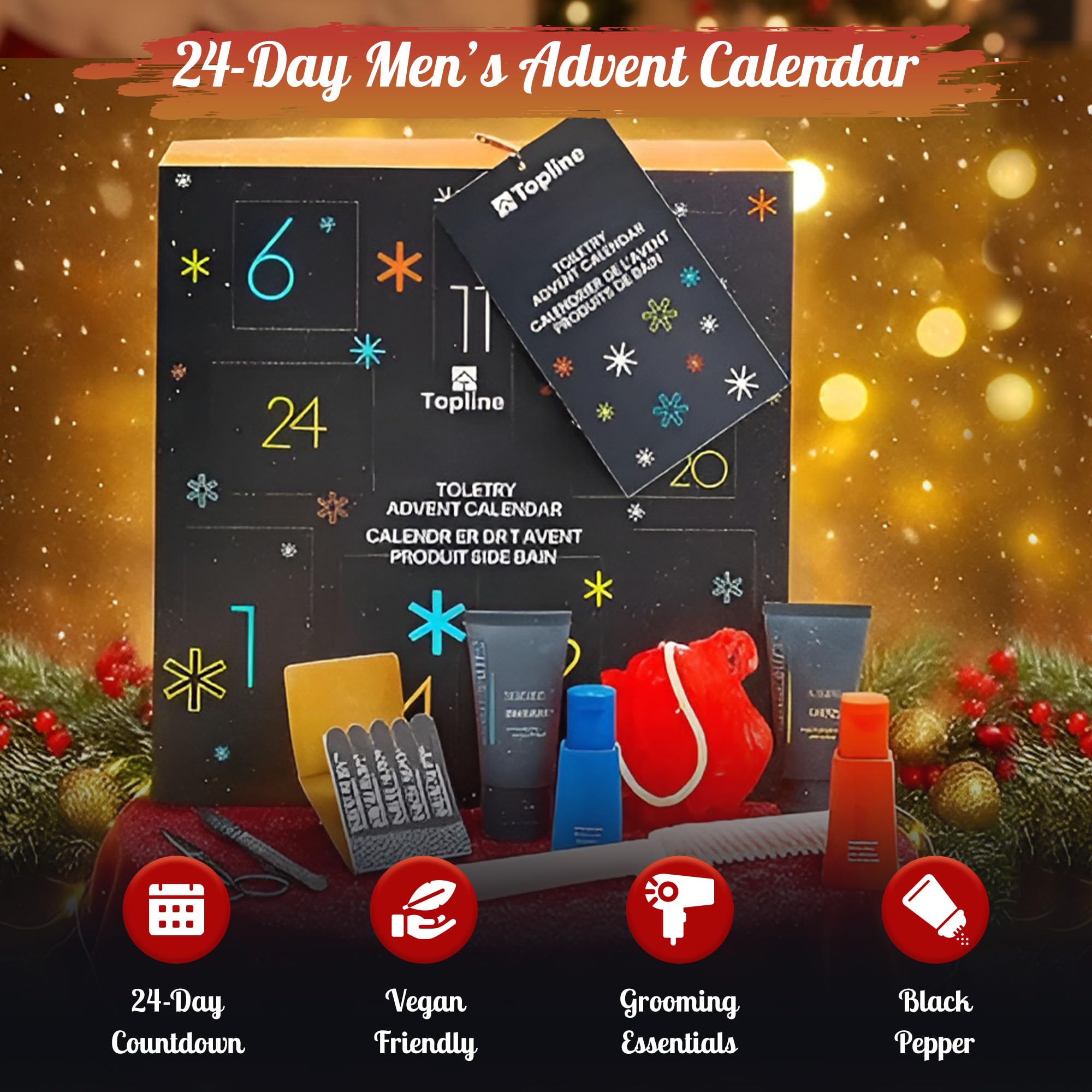 Man'Stuff, Calendario dell'Avvento da uomo 2023-24 giorni, toelettatura e articoli da toeletta, regalo da uomo, calendario per conto alla rovescia di Natale 2023, con biglietto Topline (lingua