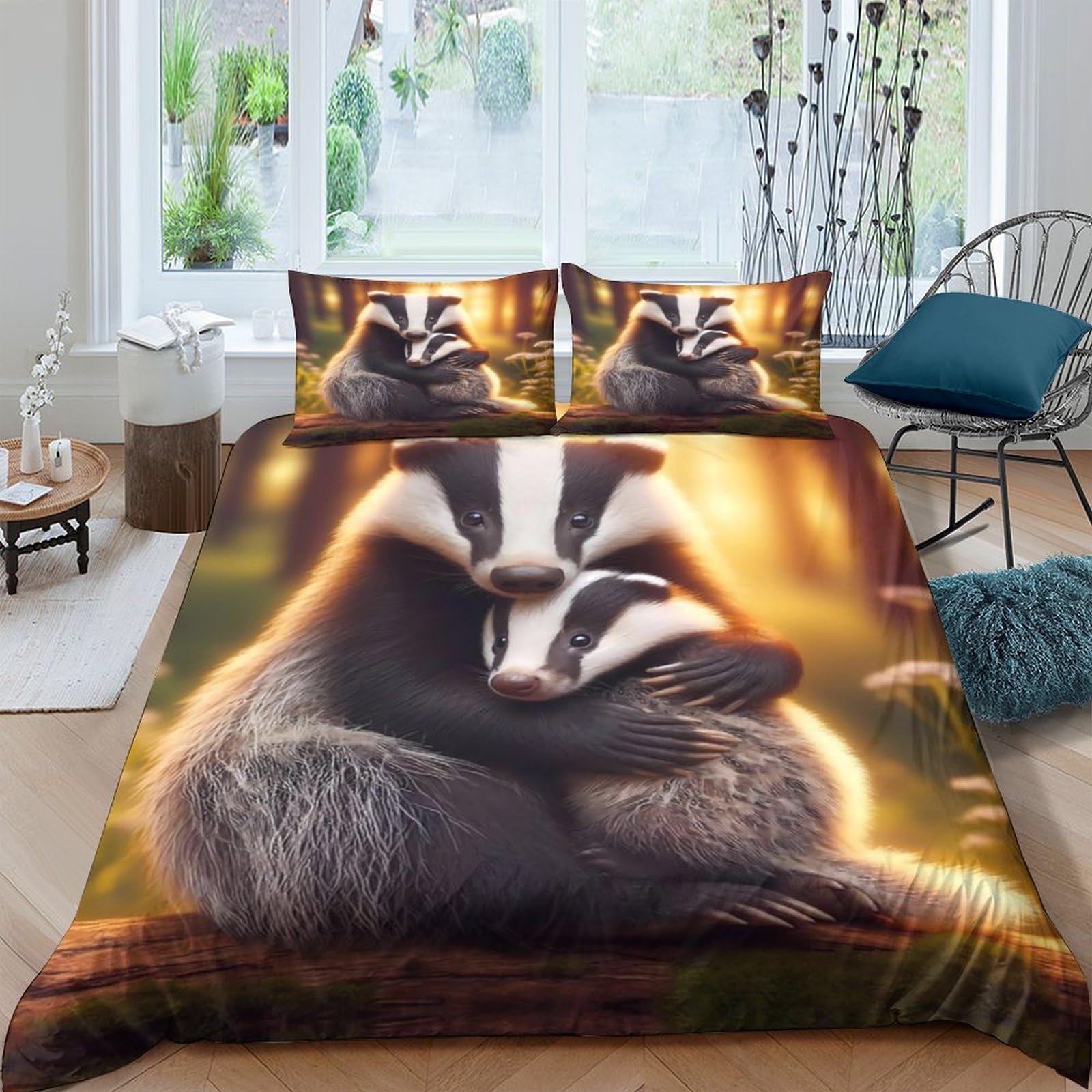 Ctjqhvkz Style-7 3D Printed Hugging Badgers Fitted Sheet Microfiber Soft Breathable Forest Sunset Bed Cover For Bedroom Guest Room Décor Single（135X200cm）