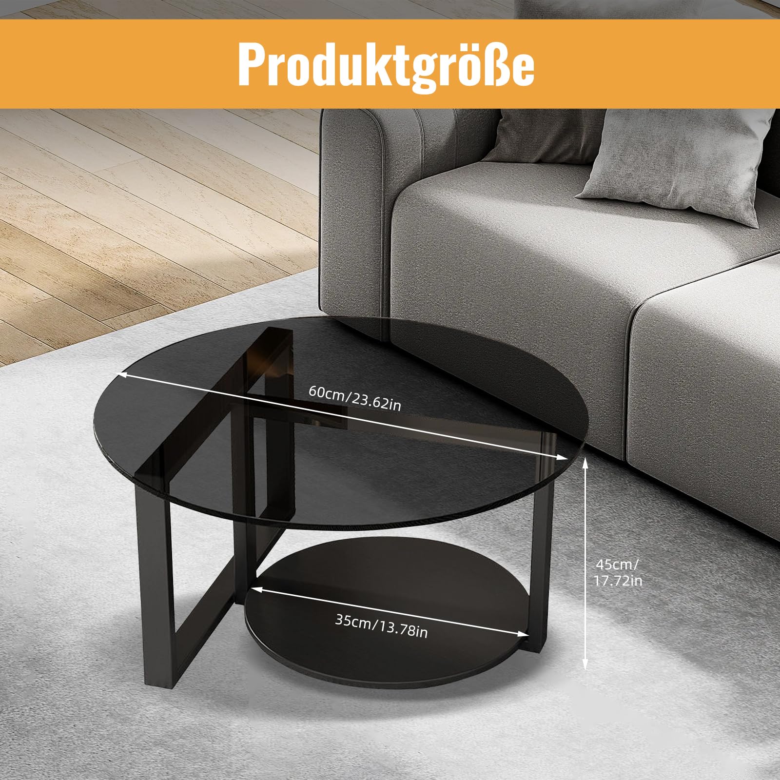 Couchtisch Rund Schwarz, Glas Couchtisch mit Stauraum, 60cm Doppelstöckiger Wohnzimmertisch Rund, Schwarz Round Coffee Table mit Metallrahmen