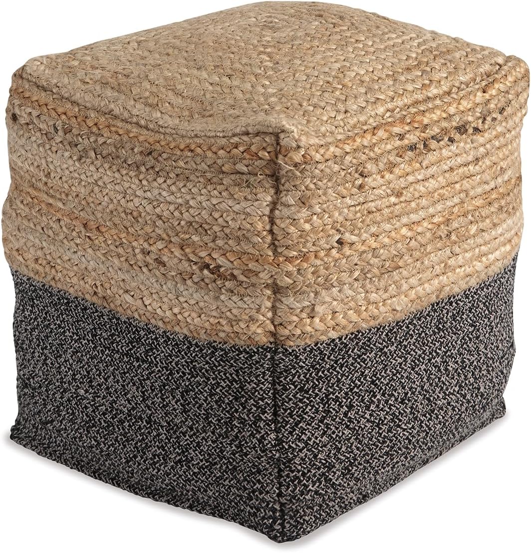 Signature Design by Ashley Sweed Valley Farmhouse Jute Braided Pouf, 17.5 x 20.25 inches, Natural & Black