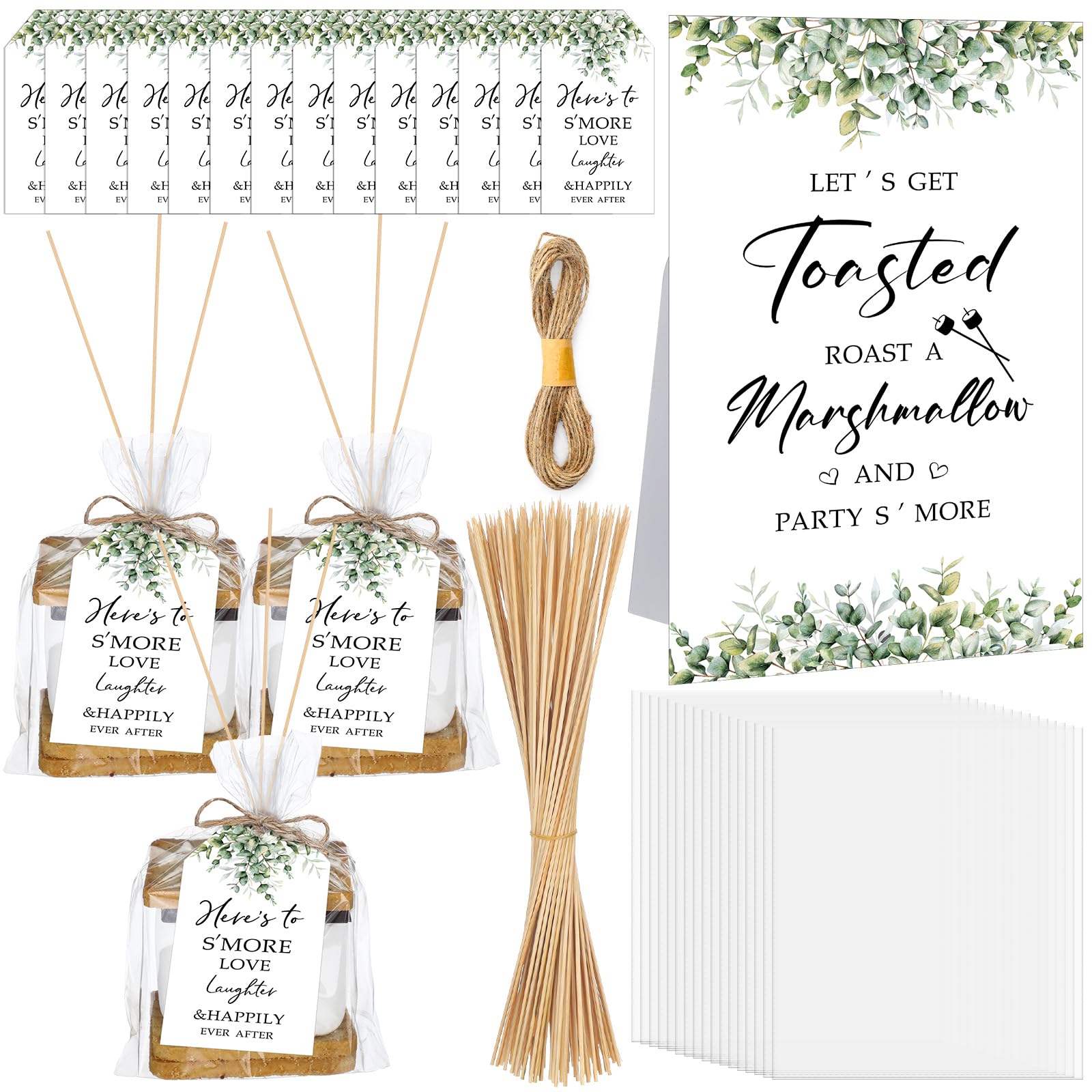Wonderjune 100 Sets S'more Love Wedding Favors Including 100 Clear Cellophane S'more Bags 100 Paper Insert S'more Love Tags 100 Bamboo Skewers, Desktop Stand and 32.81 ft Jute Rope for Wedding