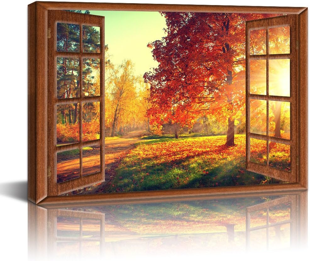 LevvArts Canvas Prints Wall Art,View from Vintage Window of Autumn Scene,Fall Forest Trees in Sun Light Painting Modern Wall Decor,Framed Ready to Hang,-24 x 36