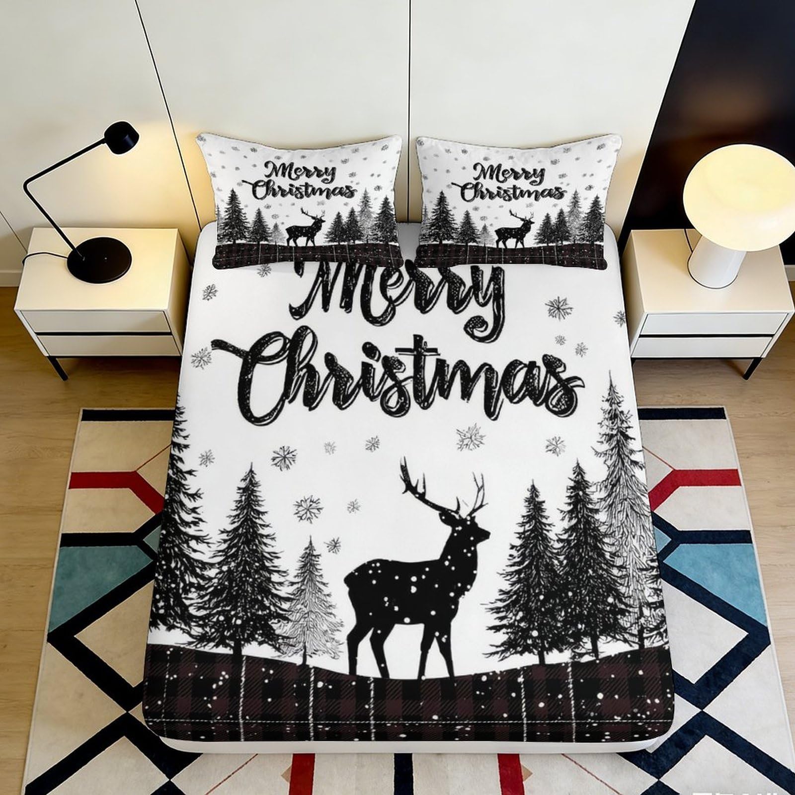3D Printed Christmas Deer Fitted Sheet Microfiber Soft Breathable Snowflakes Bed Cover for Bedroom Guest Room Dormitory Mattress Protection 140x200x25cm