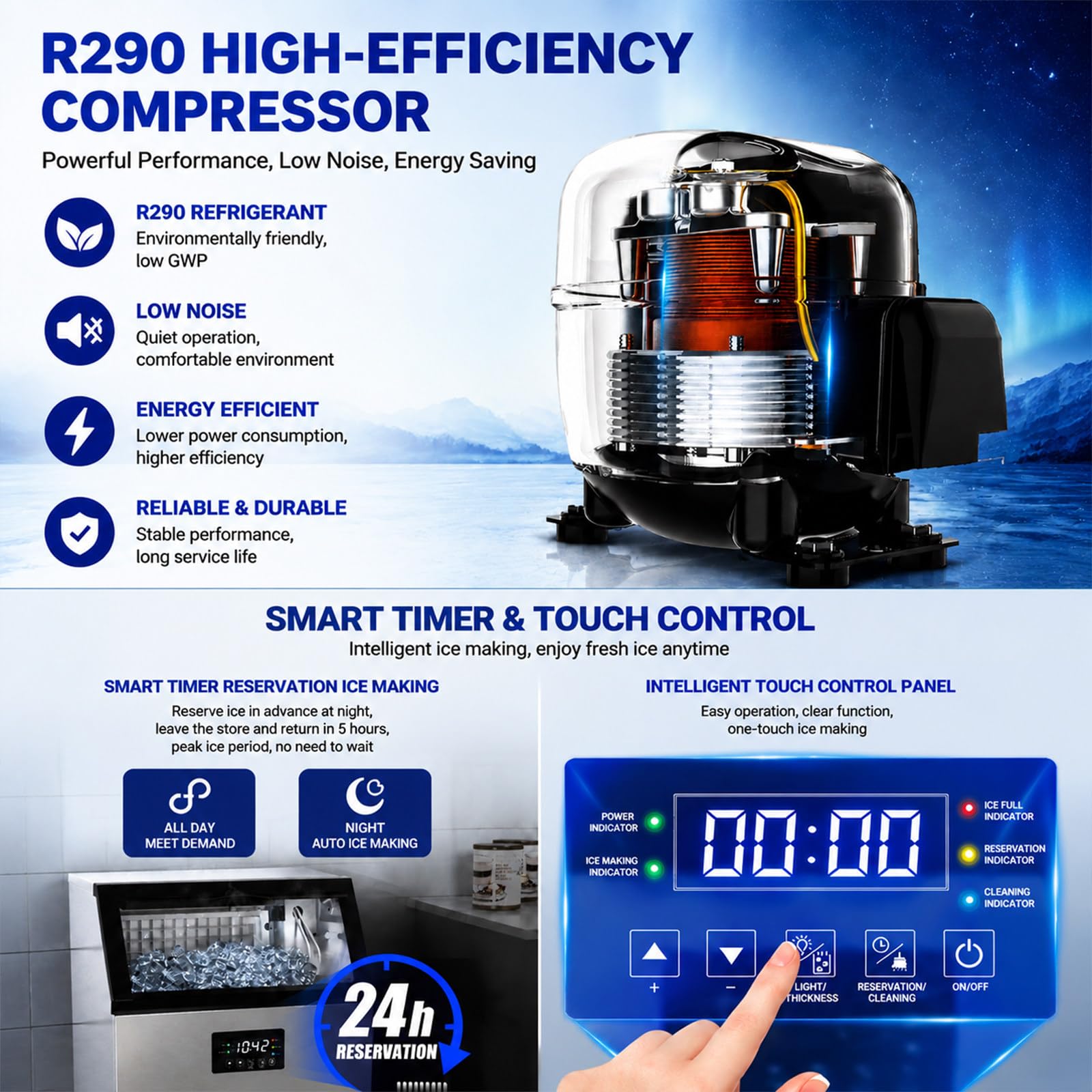 Fabricante de hielo comercial 132 Lbs/24H acero inoxidable, 8 minutos de congelación rápida, debajo del mostrador con el almacenamiento de 33 libras, compresor silencioso R290 para el café del bar cas