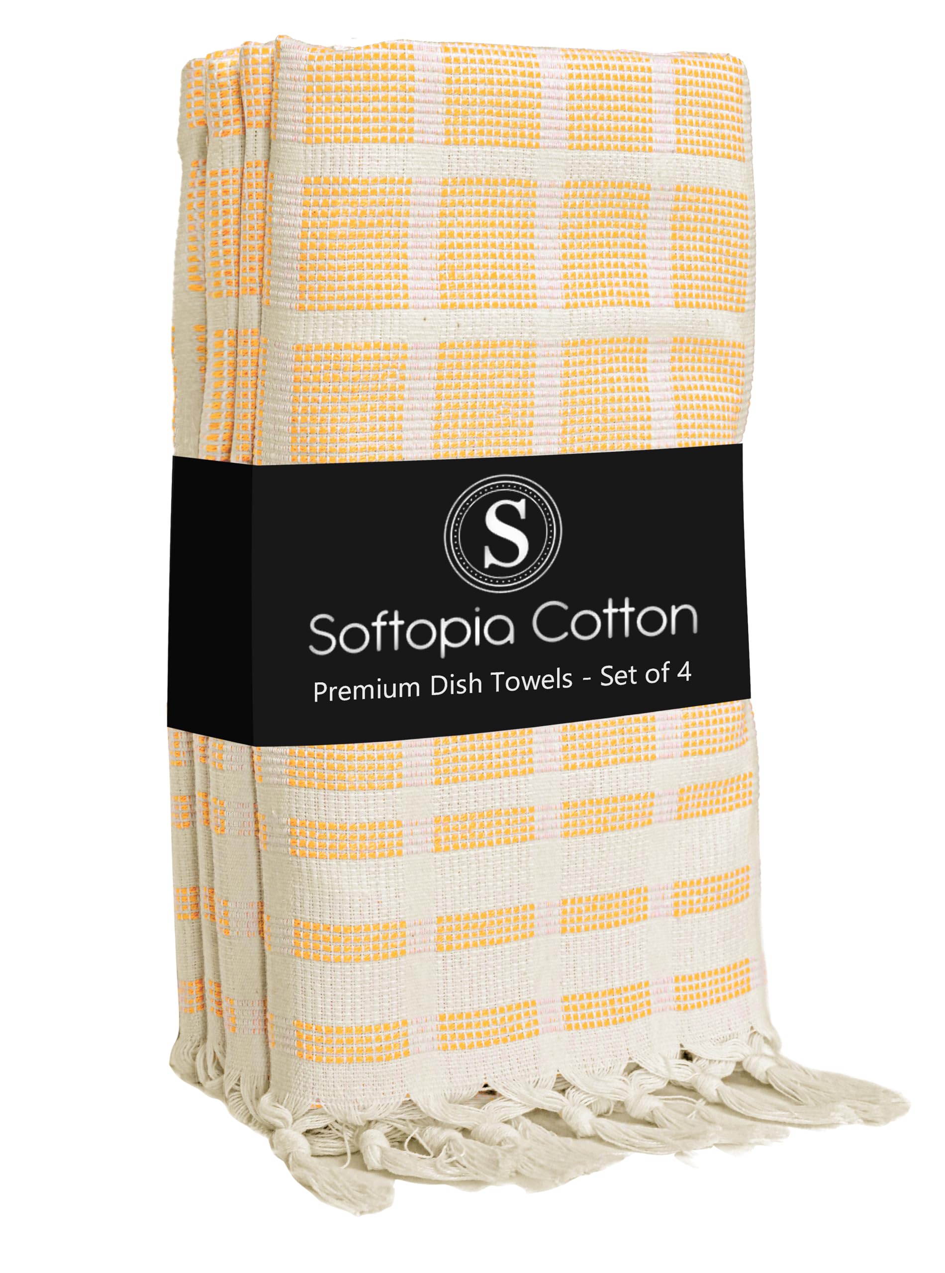 Matrix Dobby Kitchen Towels 4 Pack 100% Cotton, 16x26 Inches, Decorative Tea Towels with Handmade Tassels, Absorbent Washable Wash Cloths for Kitchen Drying - Mustard Yellow, Natural