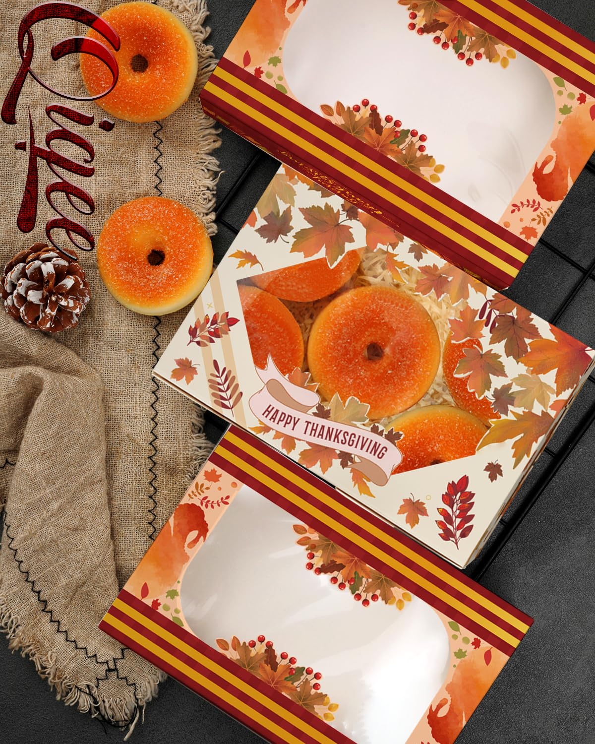 qiqee Caja de galletas de Acción de Gracias con ventana de 9 x 6 x 2.5 pulgadas, 15 unidades, para pastelería, macarrón, hojas de Acción de Gracias, caja de panadería para el día de Acción de Gracias