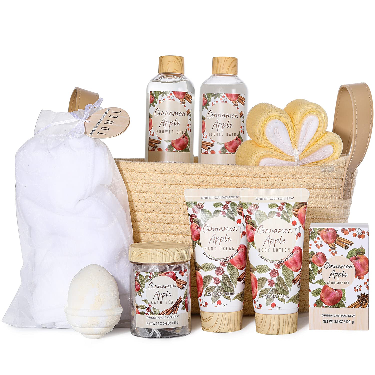 Spa Gift Baskets for Women - 11Pcs Cinnamon Apple Bath and Body Gift Sets, Green Canyon Spa Birthday Gifts with Bath Bombs, Body Lotions, Bubble Bath, Relaxing Gifts for Mom, Her (Cinnamon)