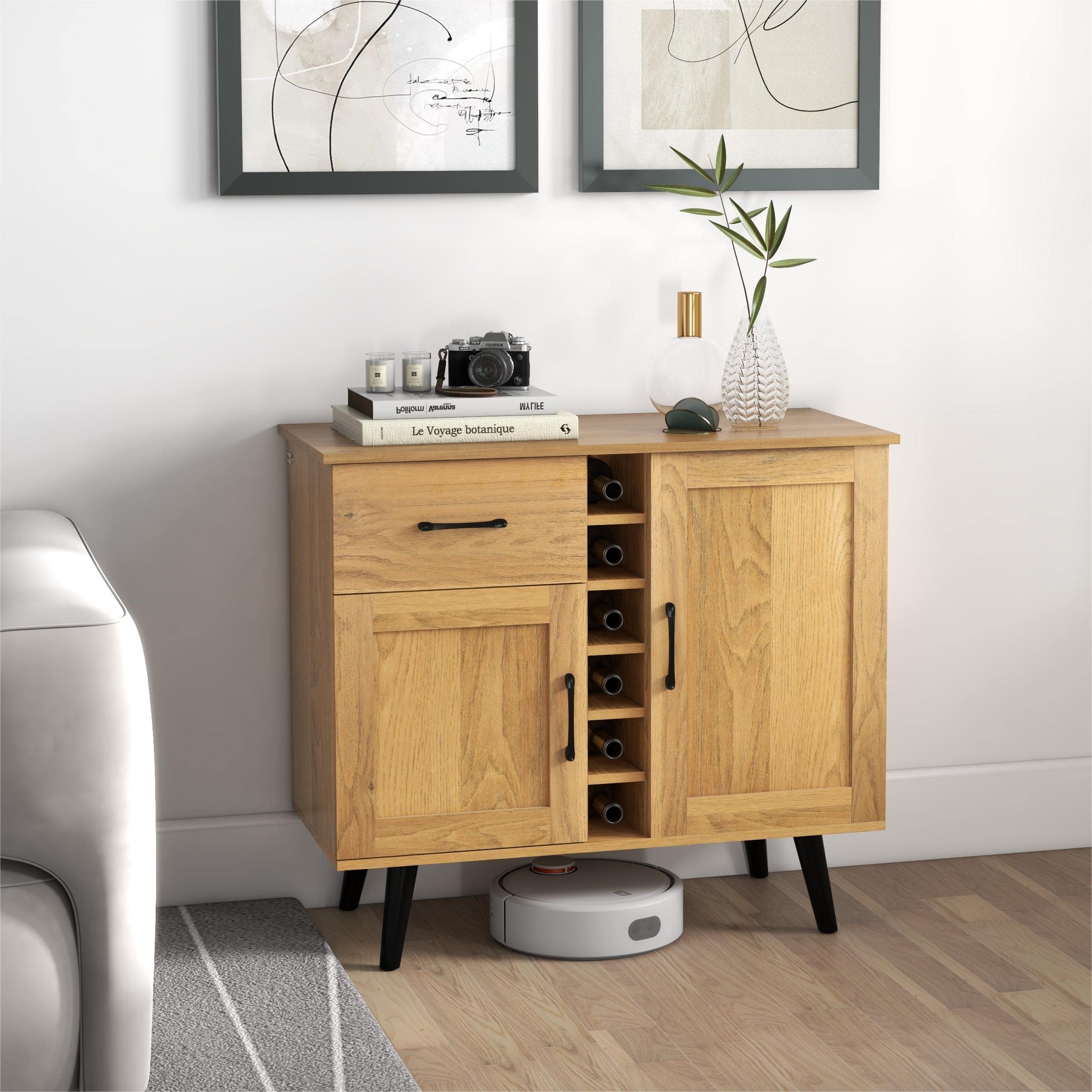 GIANTEX Credenza da Cucina con Porta Vino per 6 Bottiglie, 90 x 40 x 79 cm, Mobile da Bar con 2 Ante e 1 Cassetto, Ripiani Regolabili, per Sala da Pranzo e Soggiorno (Naturale)