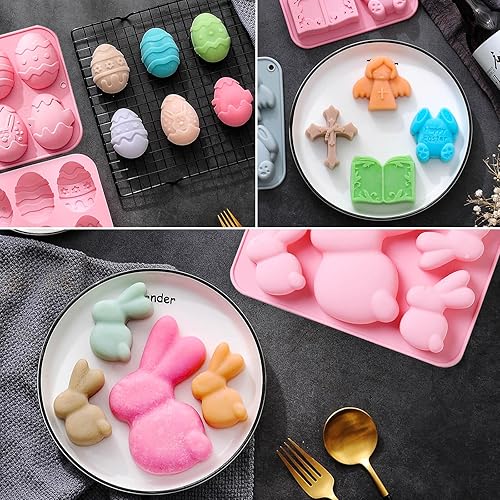 Miniatura 8 de Paquete de 3 moldes de silicona de conejo de Pascua para hornear, moldes grandes de silicona para huevos de Pascua, pavo y cruz, molde de chocolate