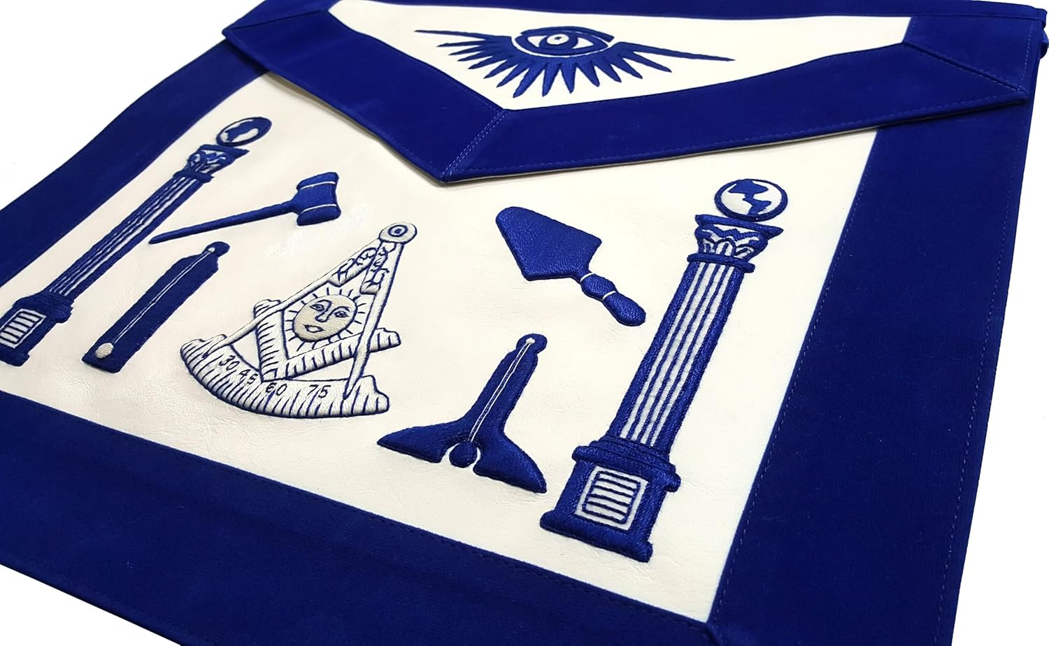 BRICKS MASONS Past Master Blue Lodge Apron - Hand Embroidered with White Silk Threads