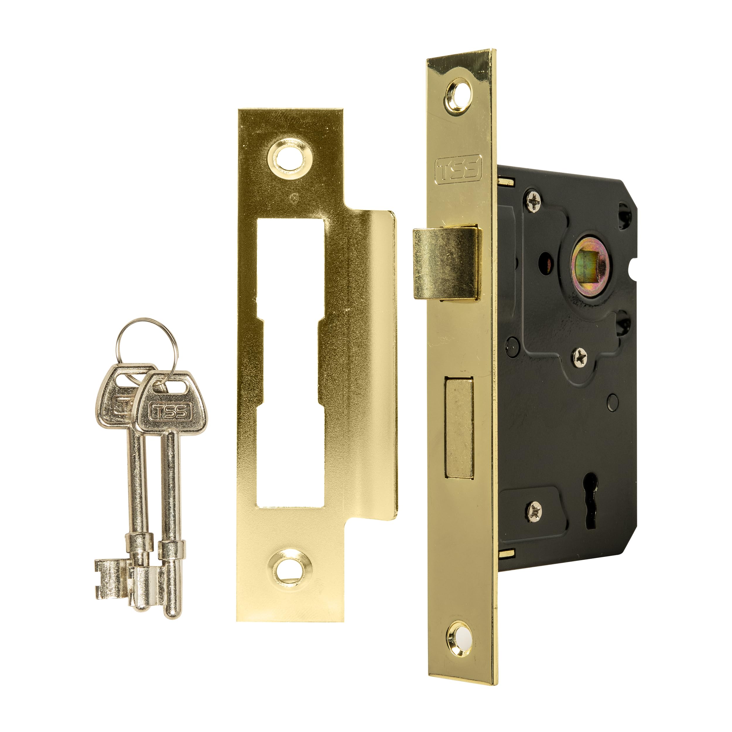 TSS 3 Lever Mortice Sash Lock for Internal Doors 2.5" (65mm) in Polished Brass. Internal Door Lock with 2 Keys. Door Lock with Key for Internal and External Doors.