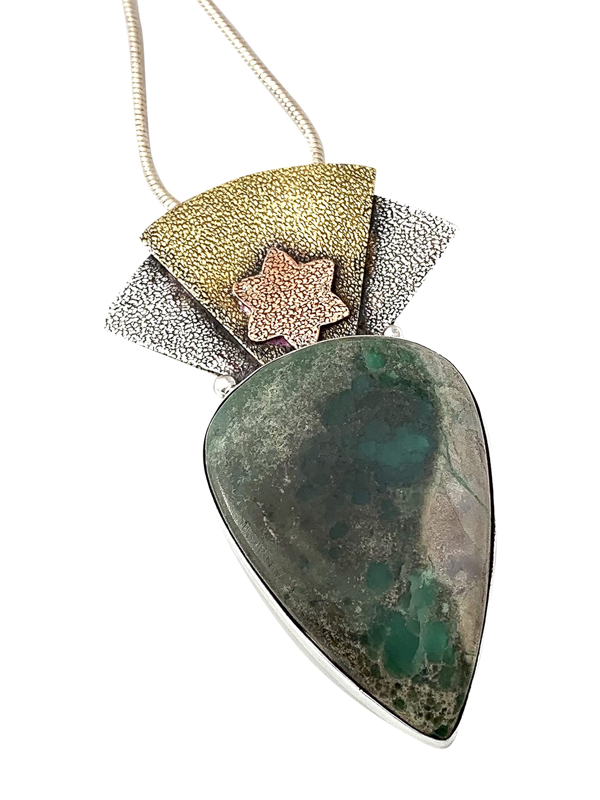 xxx- VARISCITE (3 x 2 cm) Oval Cabochon aka 'Angel Stone' Natural Gemstones and Green Crystals, 925 Sterling Silver, Handmade ONe-of-aKind Pendant (2.5 inches long) Necklace.