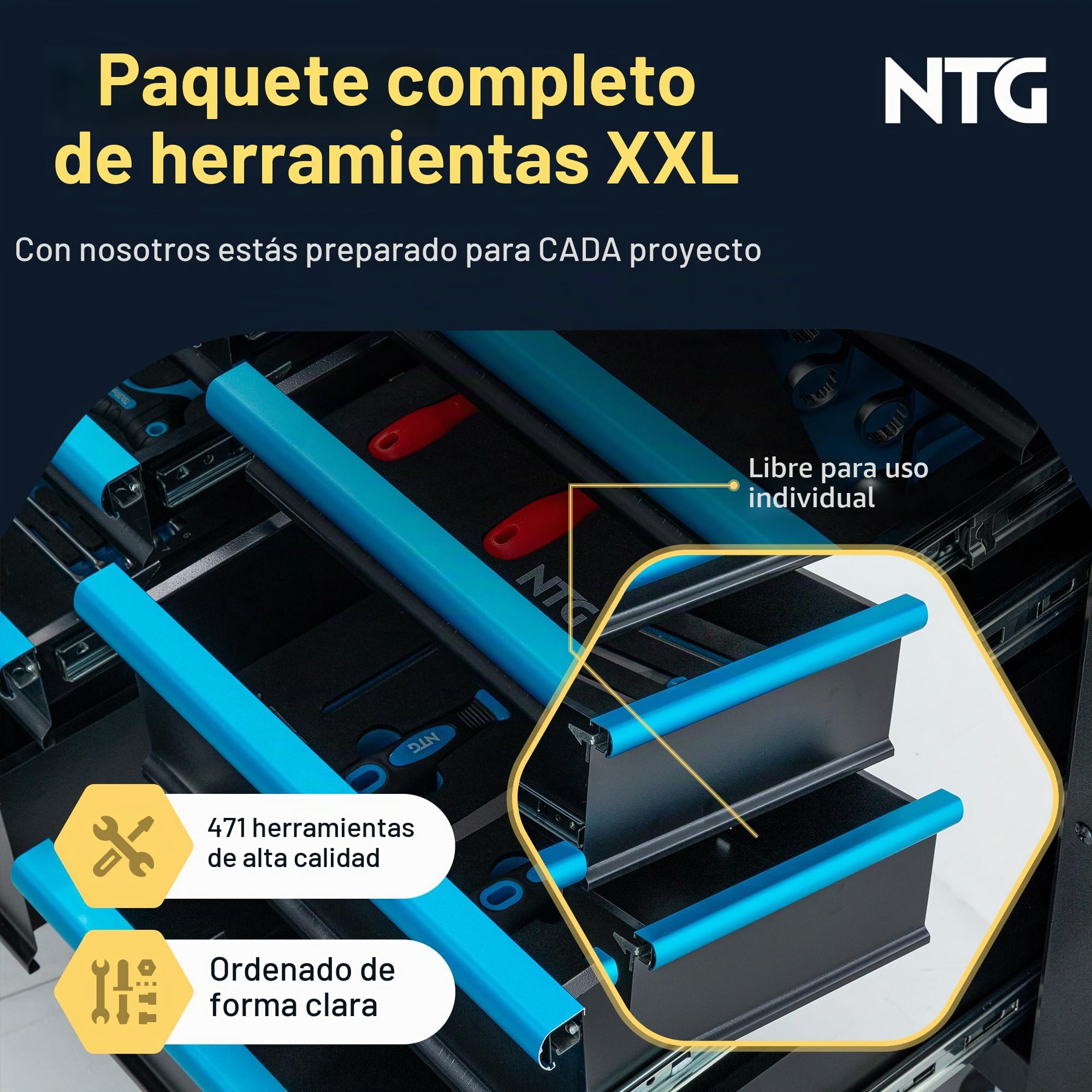 NTG Carro de herramientas XXL – 471 piezas incluidas – 12 cajones con tablero de trabajo de madera, con llave, móvil sobre ruedas – Gabinete profesional de metal para garaje y taller