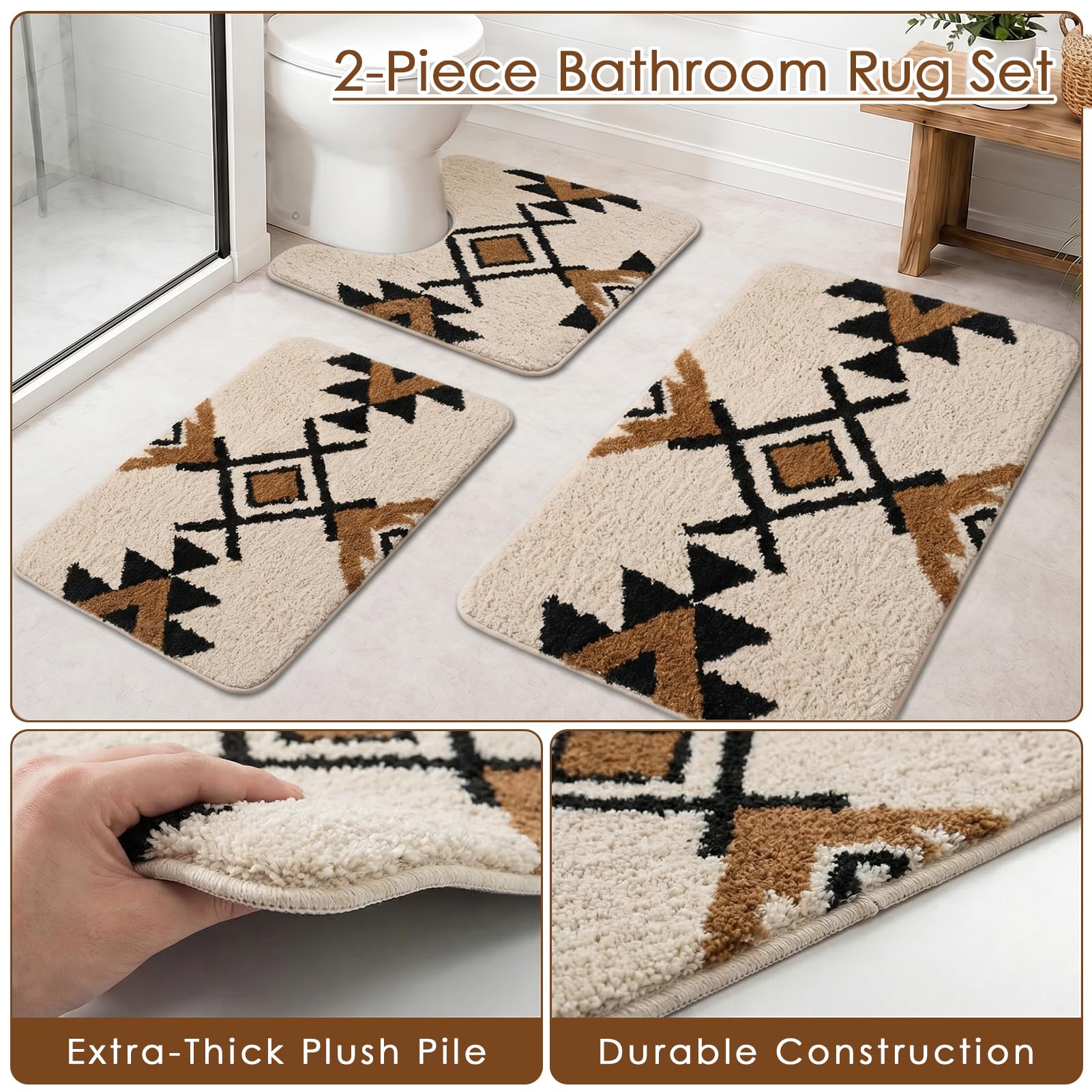 Britimes Badteppich, flauschig, Mikrofaser, rutschfest, U-förmig, wasserfest, weich, saugfähig, waschbar, für Badewanne, Dusche, Waschküche, Beige, Boho, 3-teilig