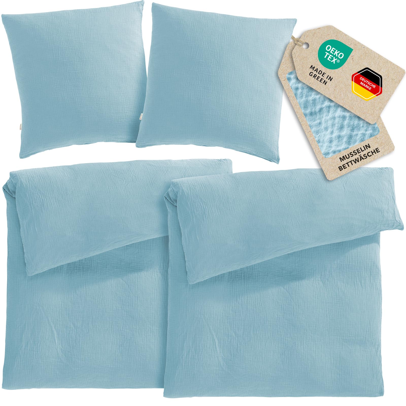 Pure Label Musselin Bettwäsche 4tlg 2x135x200+2x80x80 - Blau
