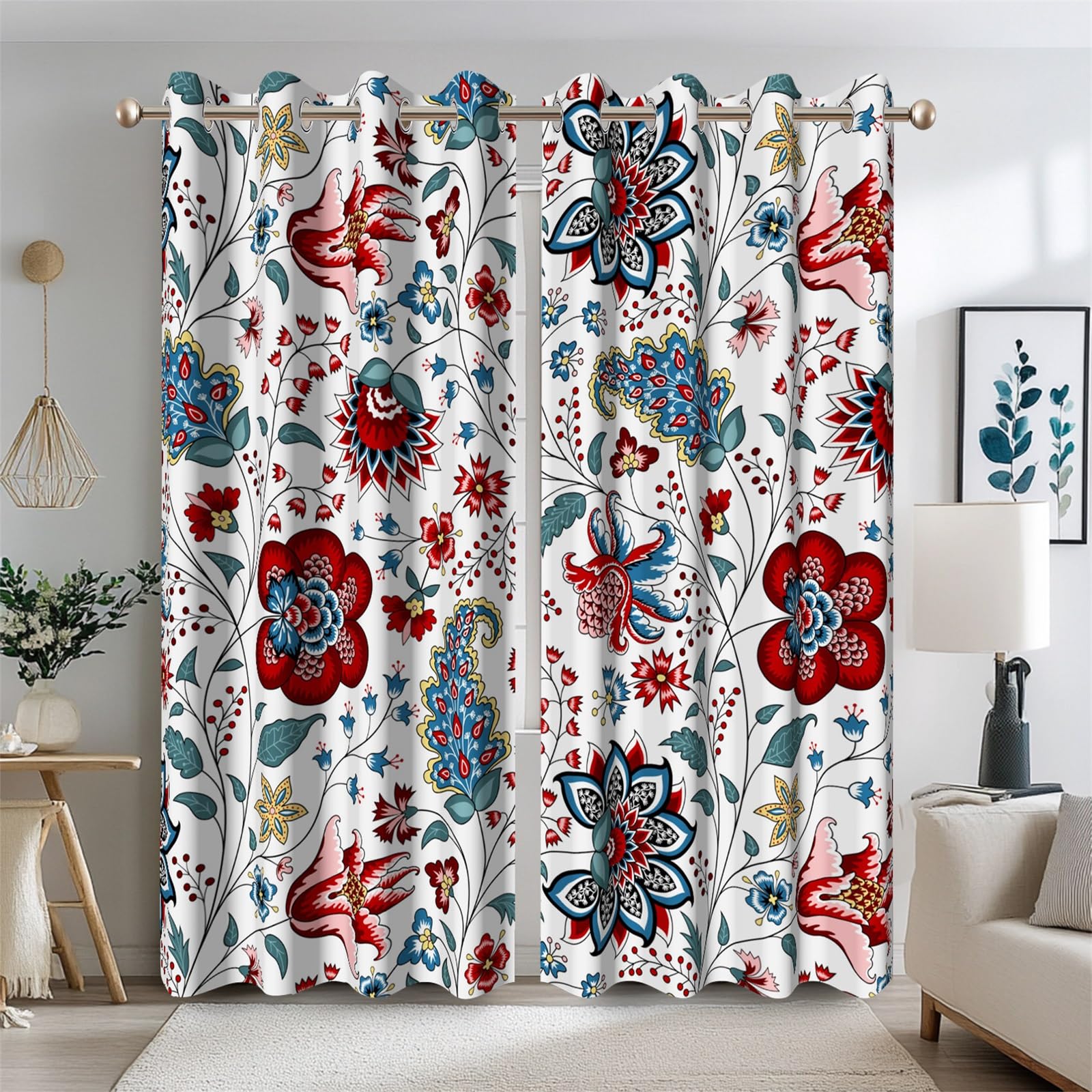 117x229cm Rideaux de Chambre occultants Floraux bohèmes, Rideaux de fenêtre isolés thermiquement imprimés de Plantes à Fleurs bohèmes traitements de fenêtre pour Salon 2 Panneaux