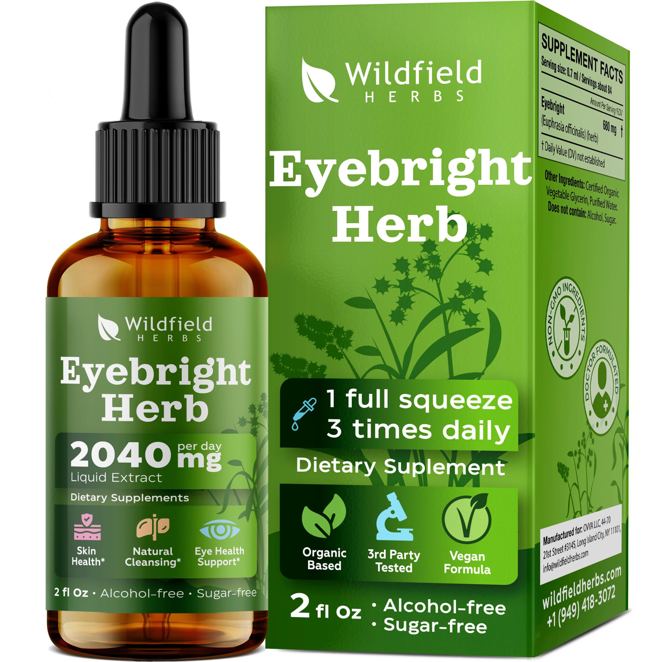 WILDFIELD HERBS 2 Oz Eyebright Herb Drops Tincture Extract 2000mg (Euphrasia officinalis) Herbal Supplement 84 Servings, Alcohol-Free Tincture