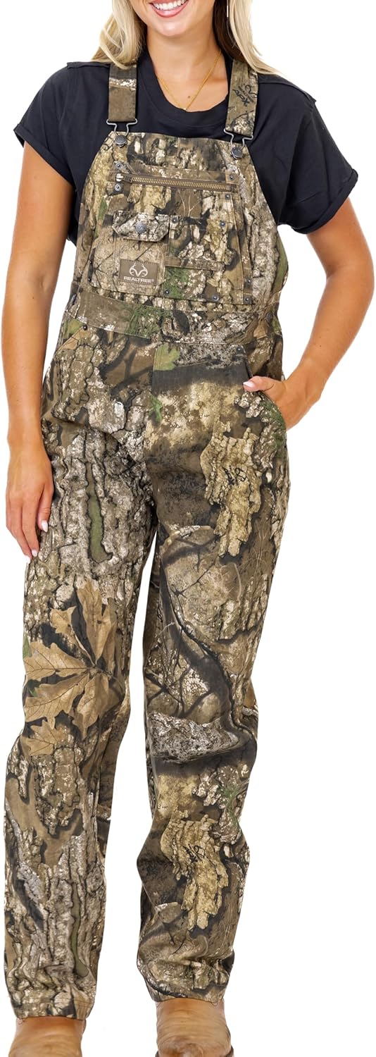 Realtree Women's Camo Hunting Cotton Bib Overalls, All-season Uninsulated Camouflage Bib Overalls for Outdoor Activities