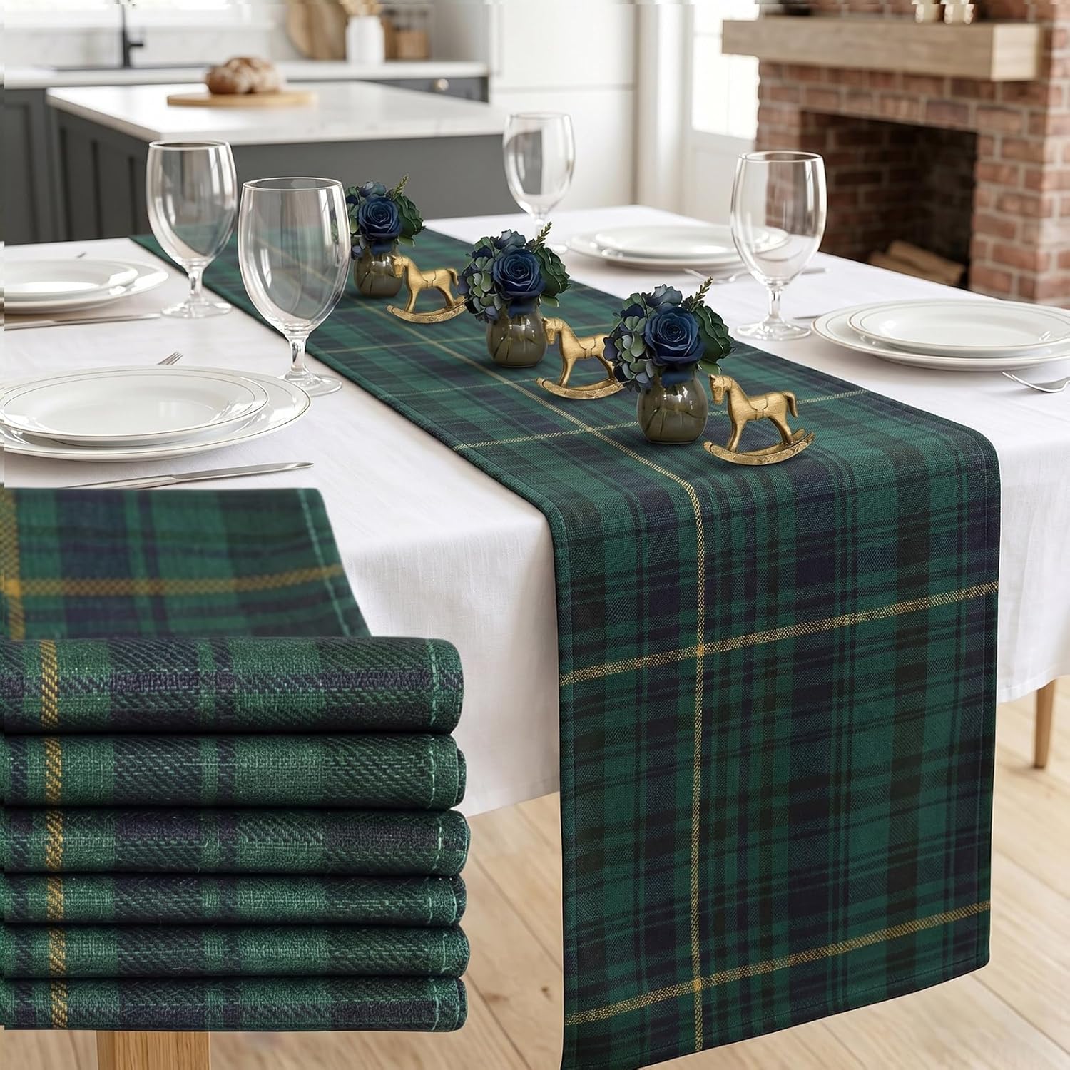 6Pcs 72 x 13'' Tartan Plaid Bear Table Runners Vintage Baby Shower Table Runner Decoration Green and Blue Plaid Tables Runners for Baby Shower Wedding Birthday Farmhouse Dining Room Kitchen Decor
