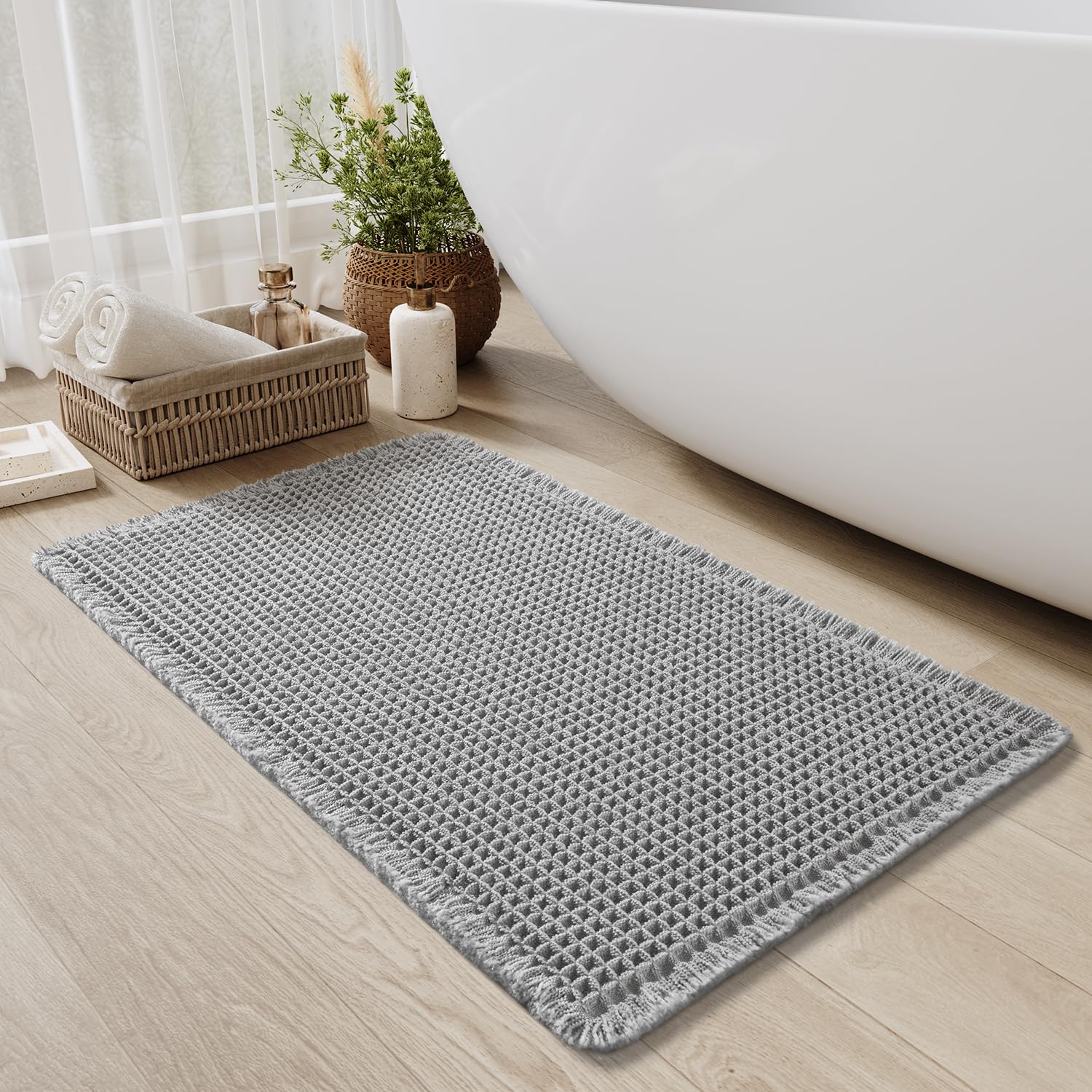 Upgraded Waffle Bath Mat Non Slip Super Absorbent Quick Dry Bath Mats for Bathroom Floor Machine Washable Bathroom Mat Ultra Soft Boho Bathroom Rugs with Tassels Beside Tub, 17" x 24", Brown — view 9