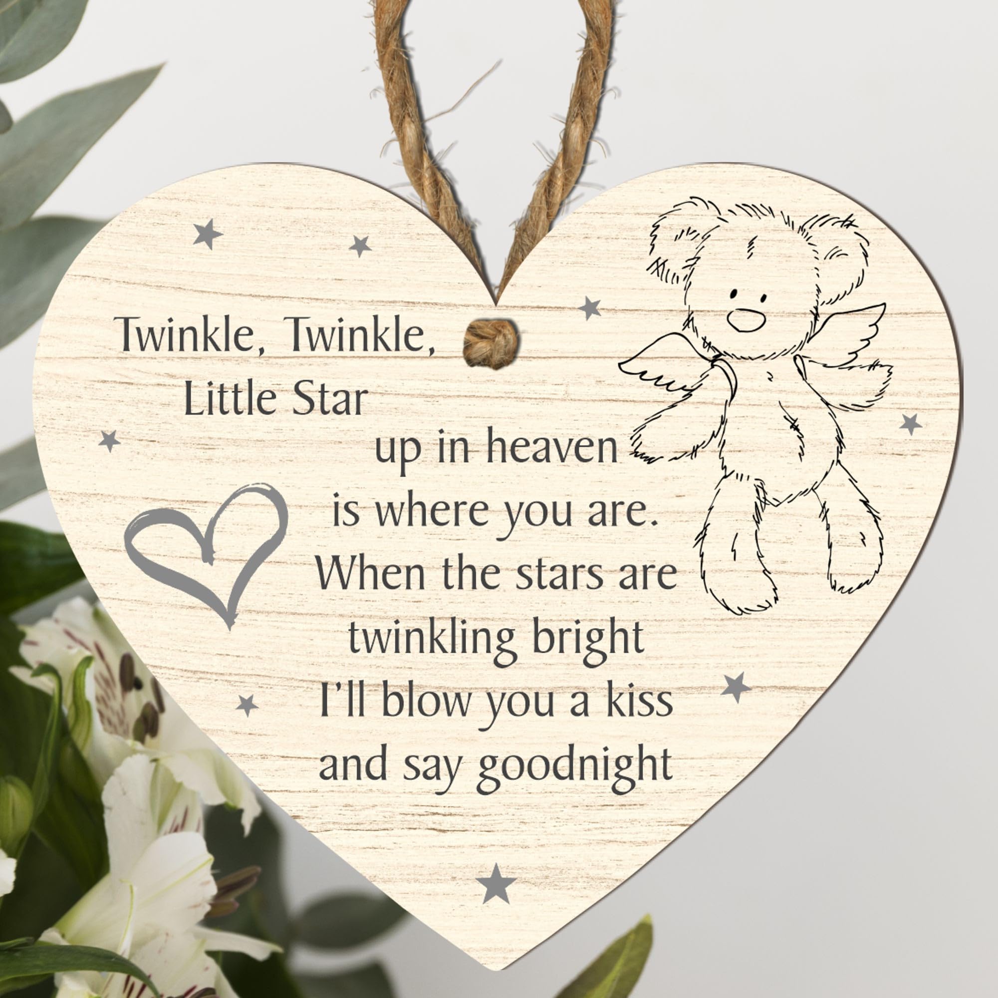 Baby Memorial Plaque - Twinkle Twinkle Little Star Keepsake | Custom Colour Options: Grey, Beige, Blue, Pink Snowflakes, Multicoloured | Angel Teddy Bear (Beige, Medium: 15 cm (H) × 13 cm (W))