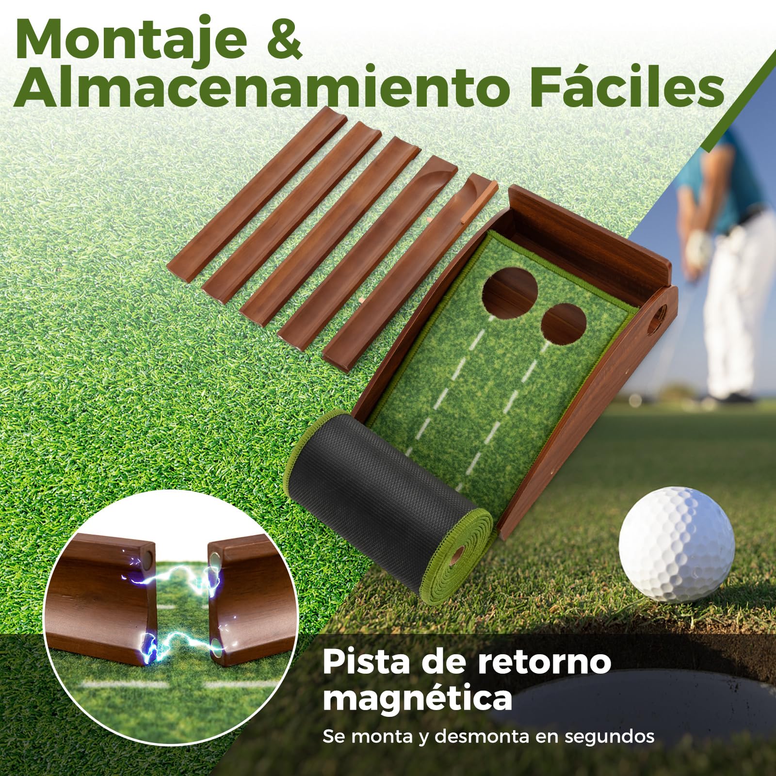 COSTWAY Mini Golf, Alfombra de Putting de Entrenamiento de Golf Interior y Exteriores, 1/2/3 Tamaños De Orificios, Retorno automático de la Bola, 3 Pelotas, Cesped de Minigolf (2 Orificio)