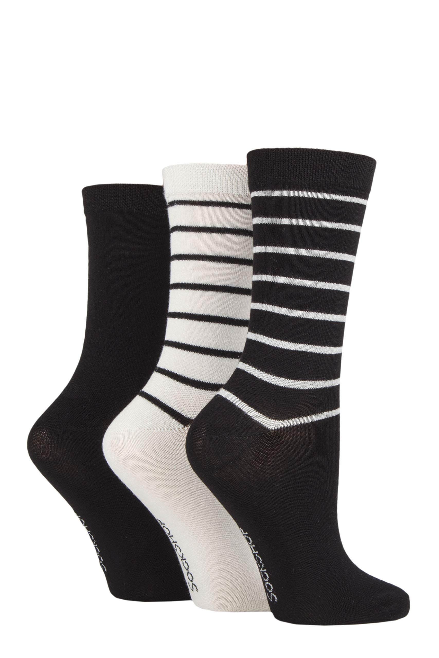 Sockshop Women's Black Striped Plain Patterned And Striped Bamboo Socks Pack Of 3 (, 4-8)