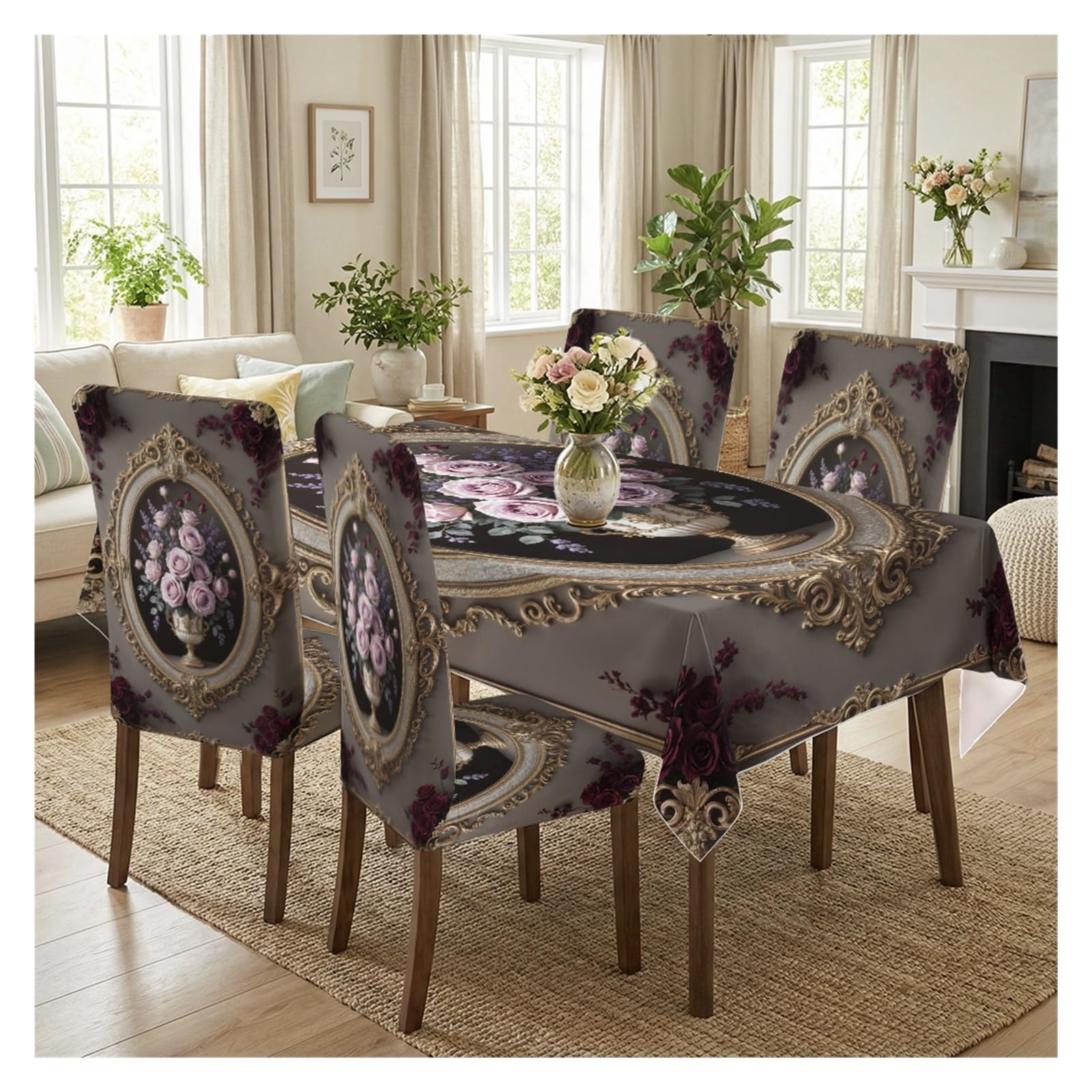 KXUAUV Dark Grey Vintage Baroque Gold Frame Purple Rose Dining Tablecloth & Chair Covers Set, 5/7 Piece Royal Victorian Luxury Elegant Dining Decor Party Decor(5pcs Set: Tablecloth+Chair Covers)