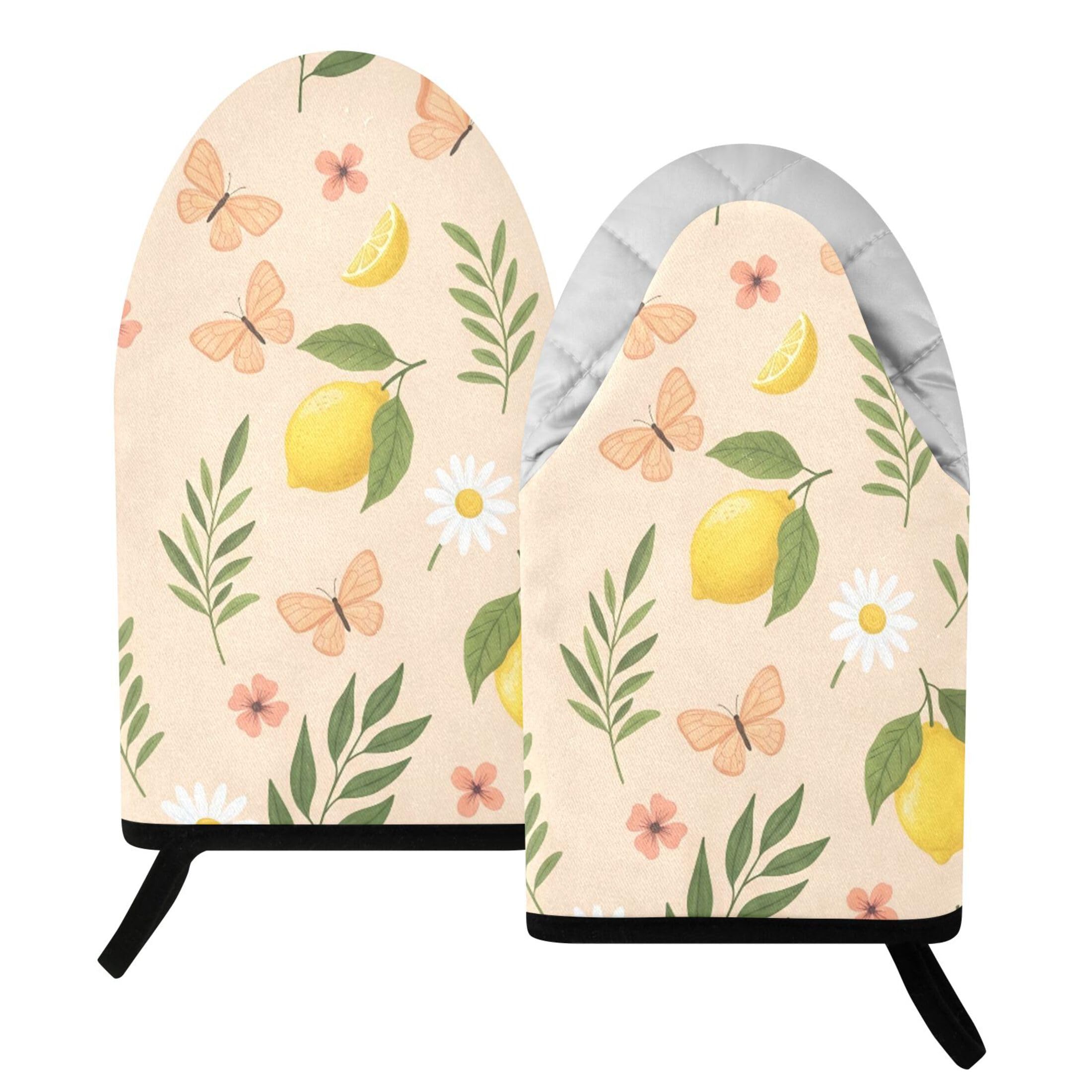 Fuauuyl Oven Mitts Heat Resistant Kitchen Gloves, Lemons Classic Oven Gloves with Hanging Loop for Baking BBQ Cooking Grilling, 1 Pair, 9.5 in