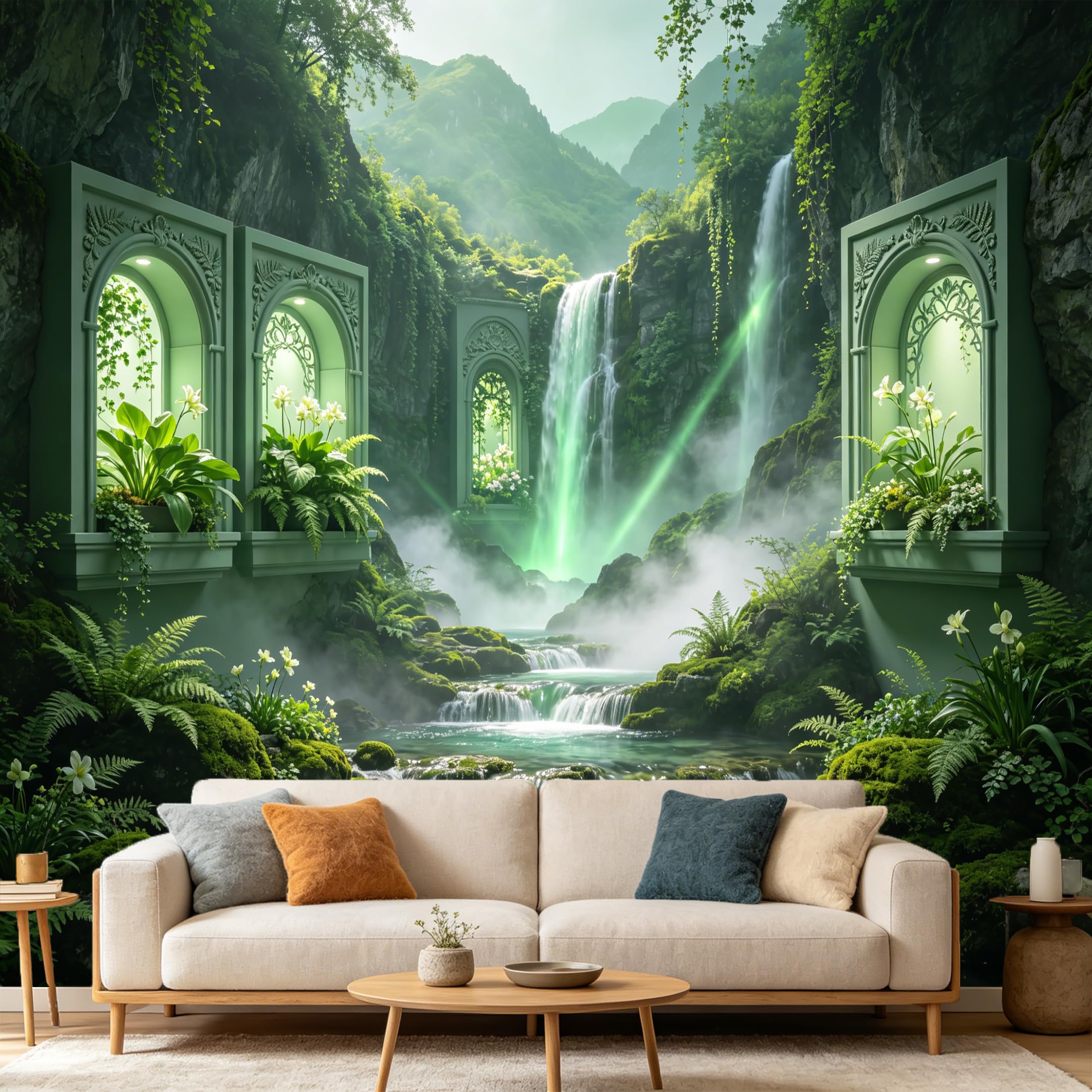 Custom Size Wall Mural， 3D Waterfall Misty Forest Archway Botanical Landscape， SelfAdhesive Art Prints wall Fabric Removable Large Wallpaper Home Living Room Decor