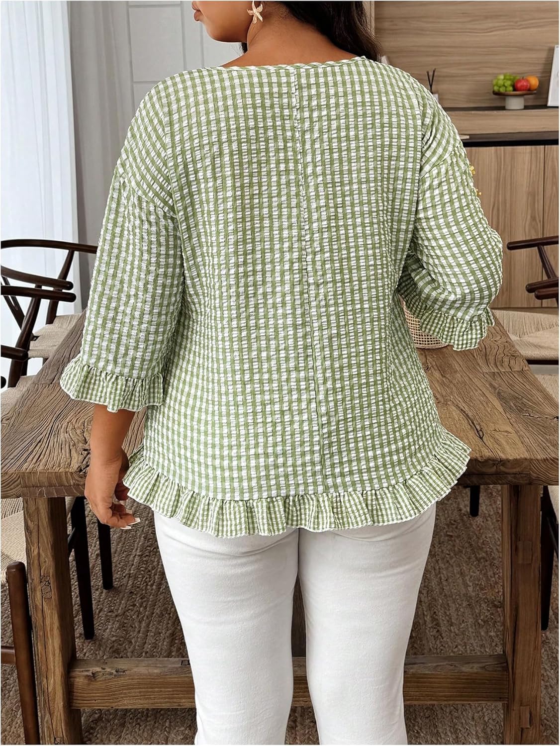 WDIRARA Women's Plus Size Plaid Gingham Blouse 3/4 Sleeve Crew Neck Ruffle Hem Tops - Image 2